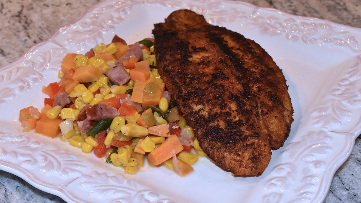 Blackened Fish on Honey Harissa Corn - Zigeze