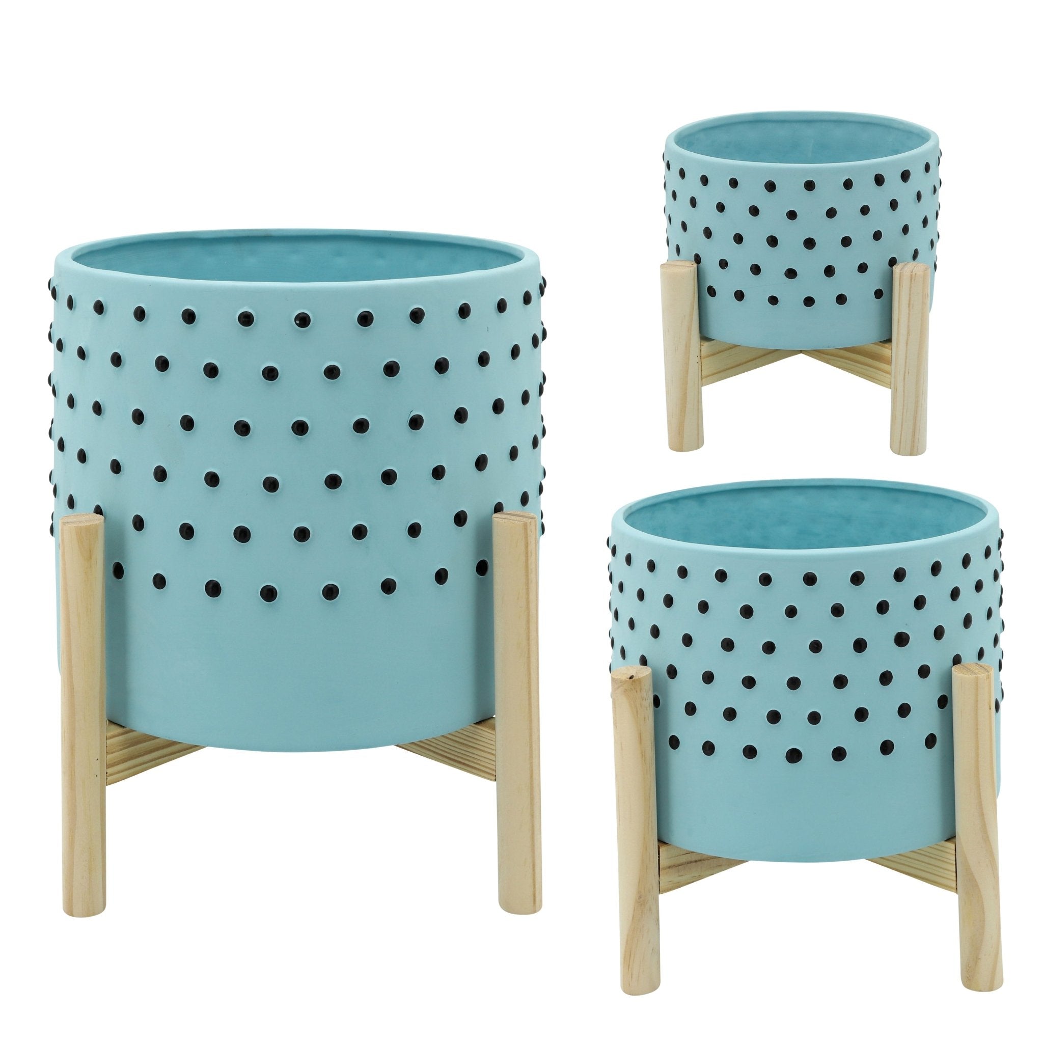 10" Dotted Planter with Wood Stand, Blue | Zigeze