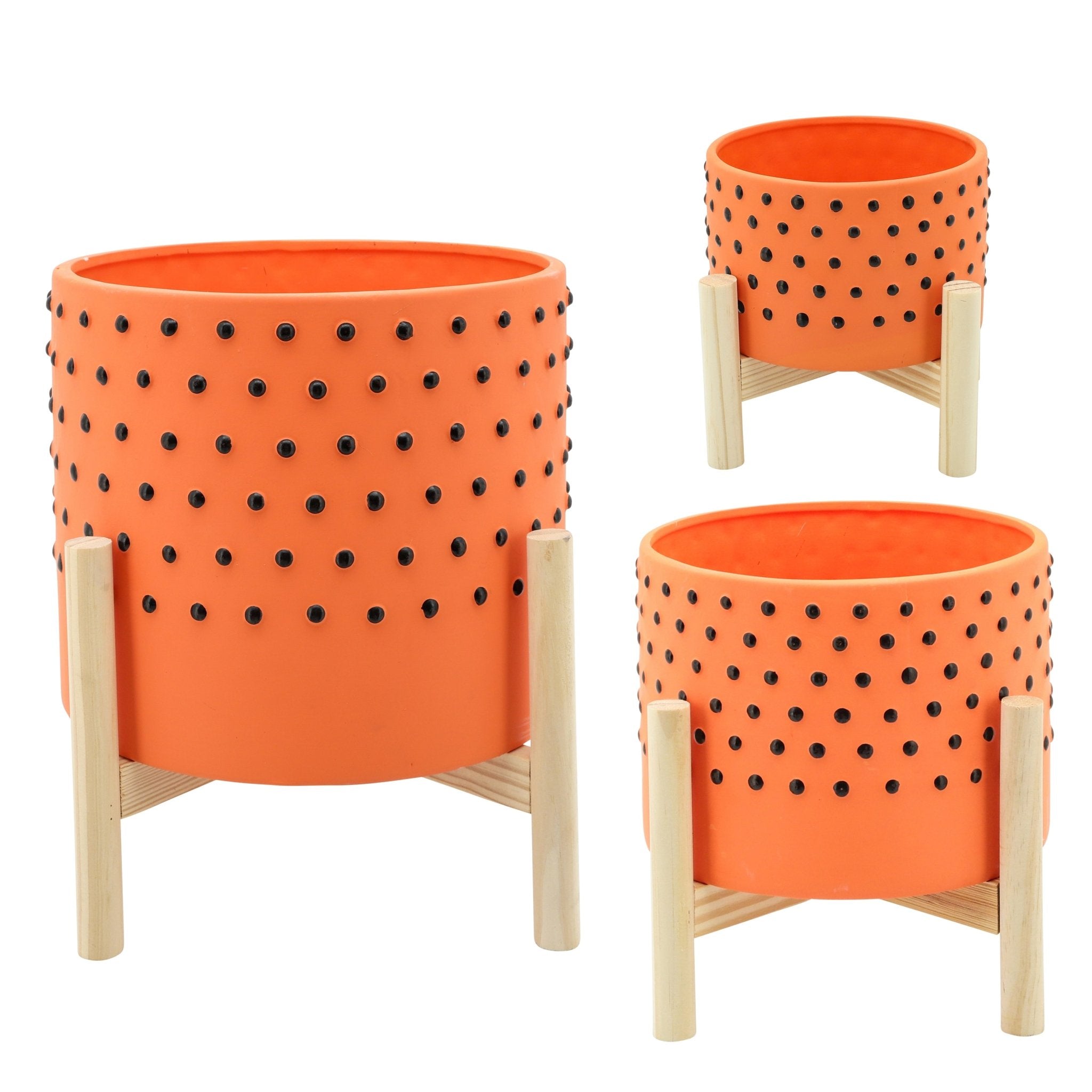 10" Dotted Planter with Wood Stand, Orange | Zigeze