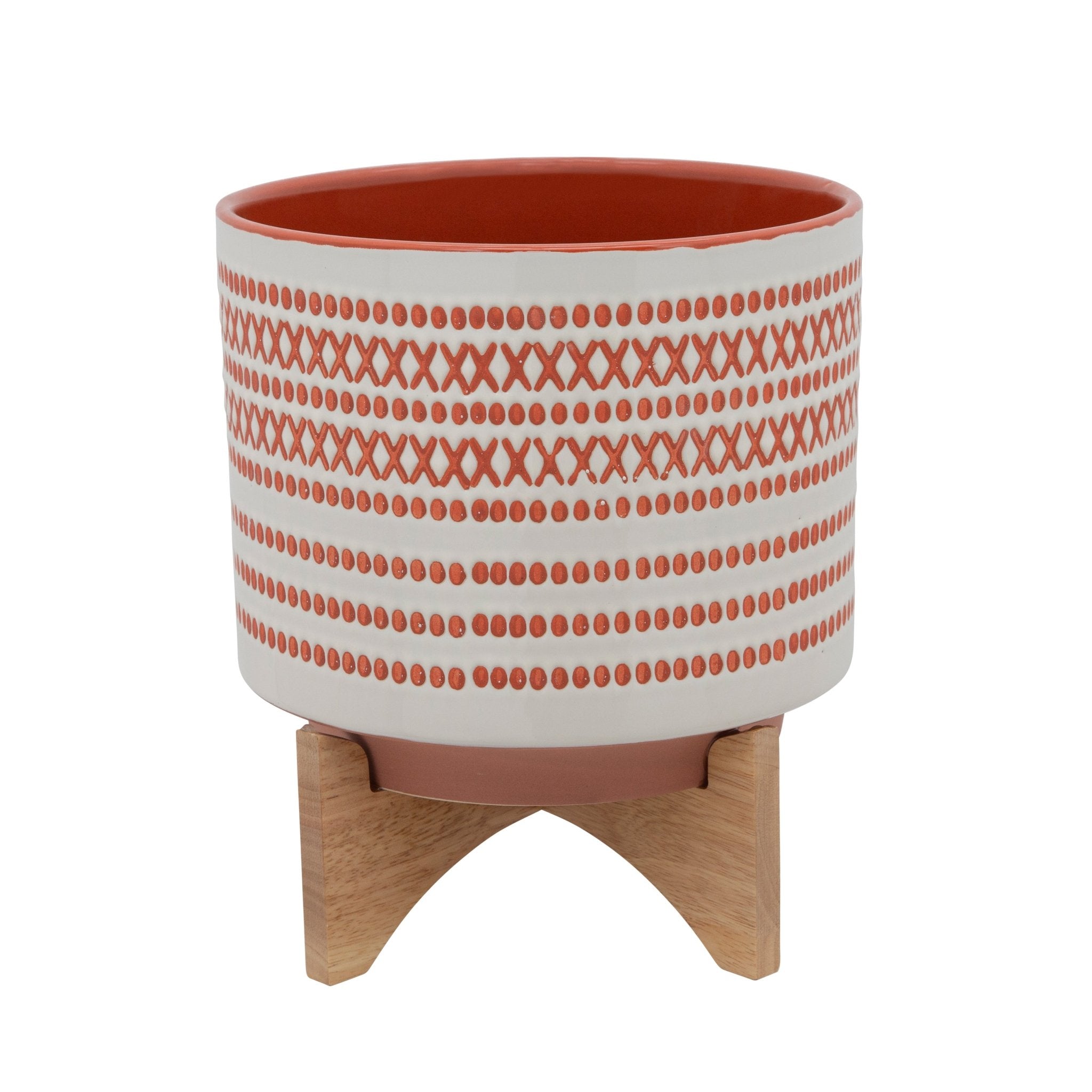 11" Aztec Planter with Wood Stand, Orange | Zigeze