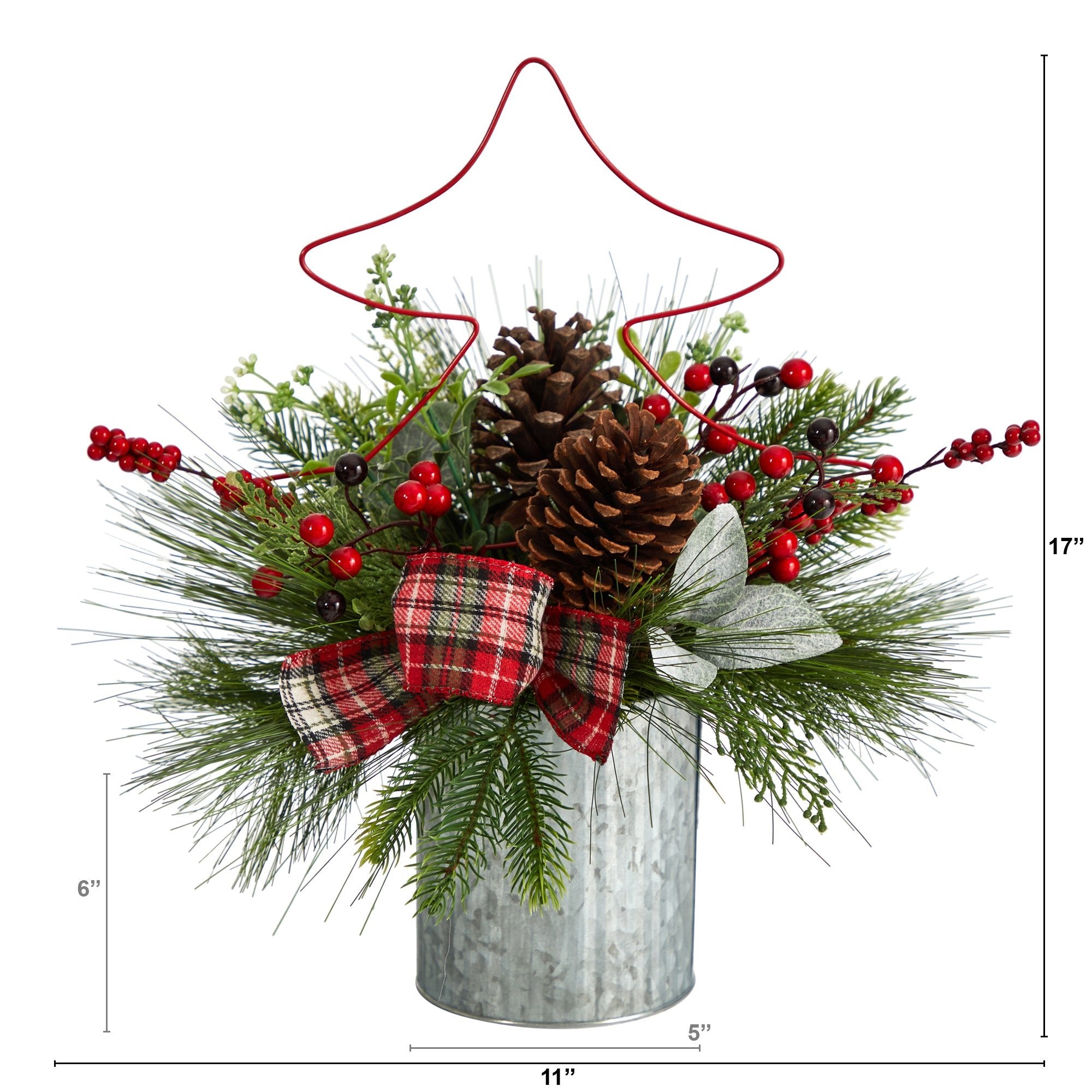 17" Pine Cone and Berries Arrangement in Decorative Metal Vase | Zigeze