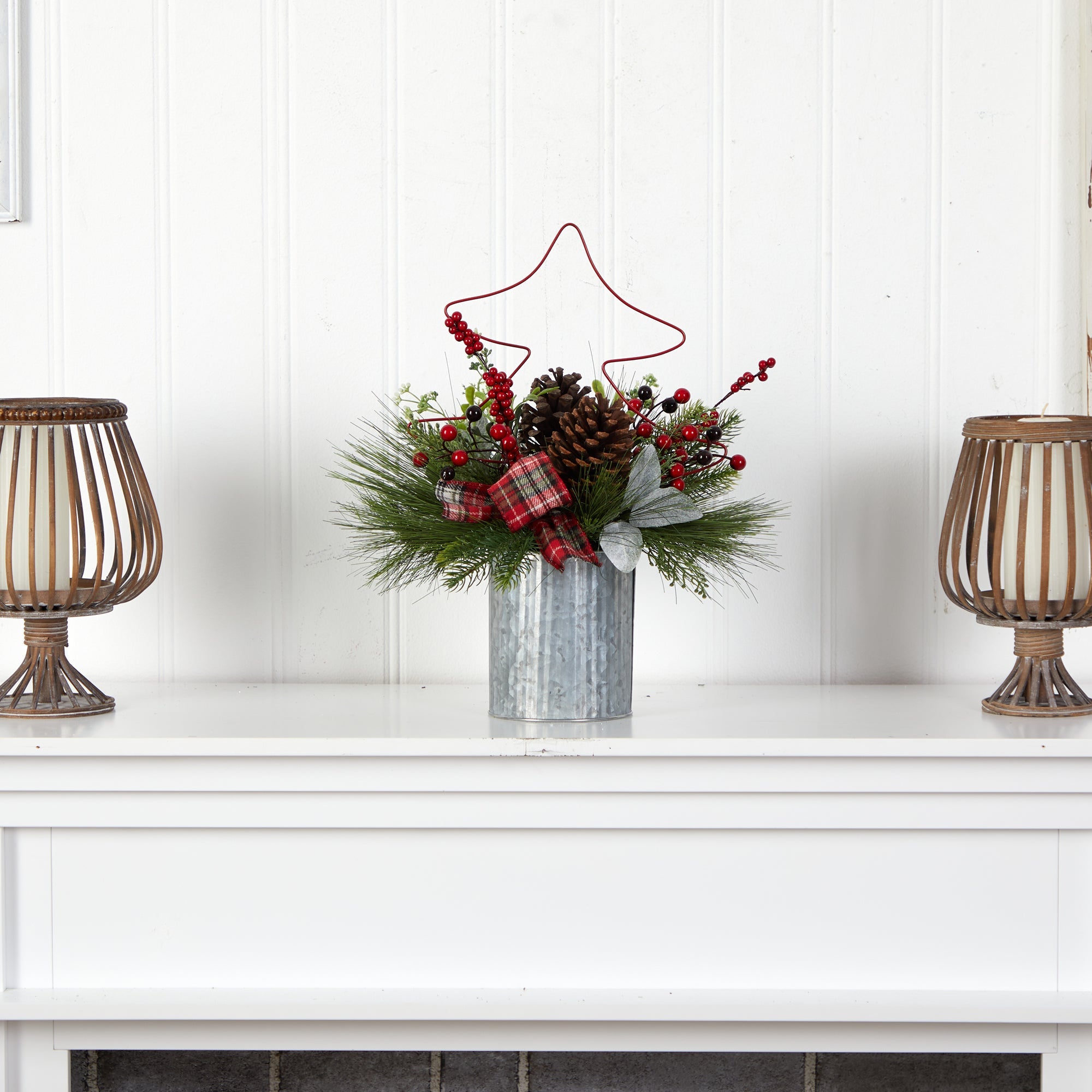 17" Pine Cone and Berries Arrangement in Decorative Metal Vase | Zigeze