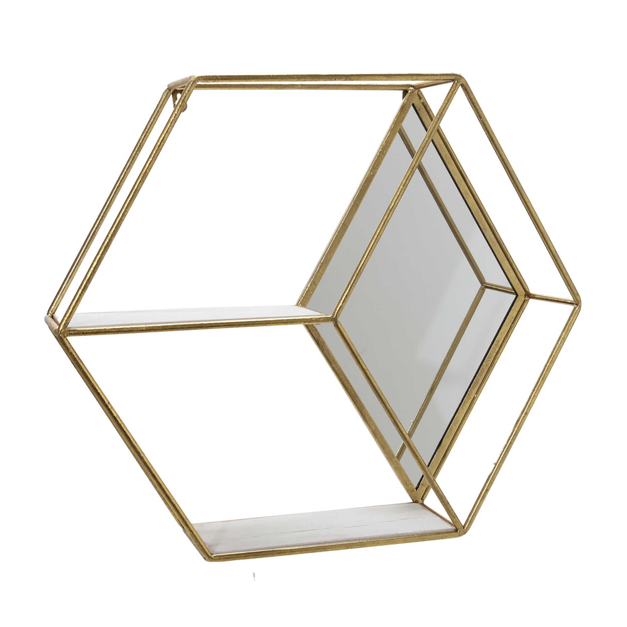 20" Hexagon Mirrored Wall Shelf, Gold | Zigeze