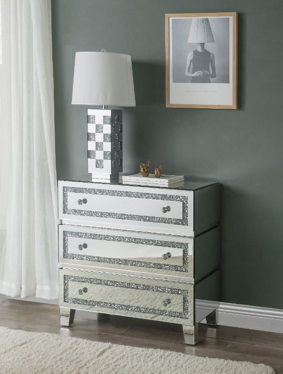 3 - Drawer Mirrored and Faux Diamond Cabinet | Zigeze