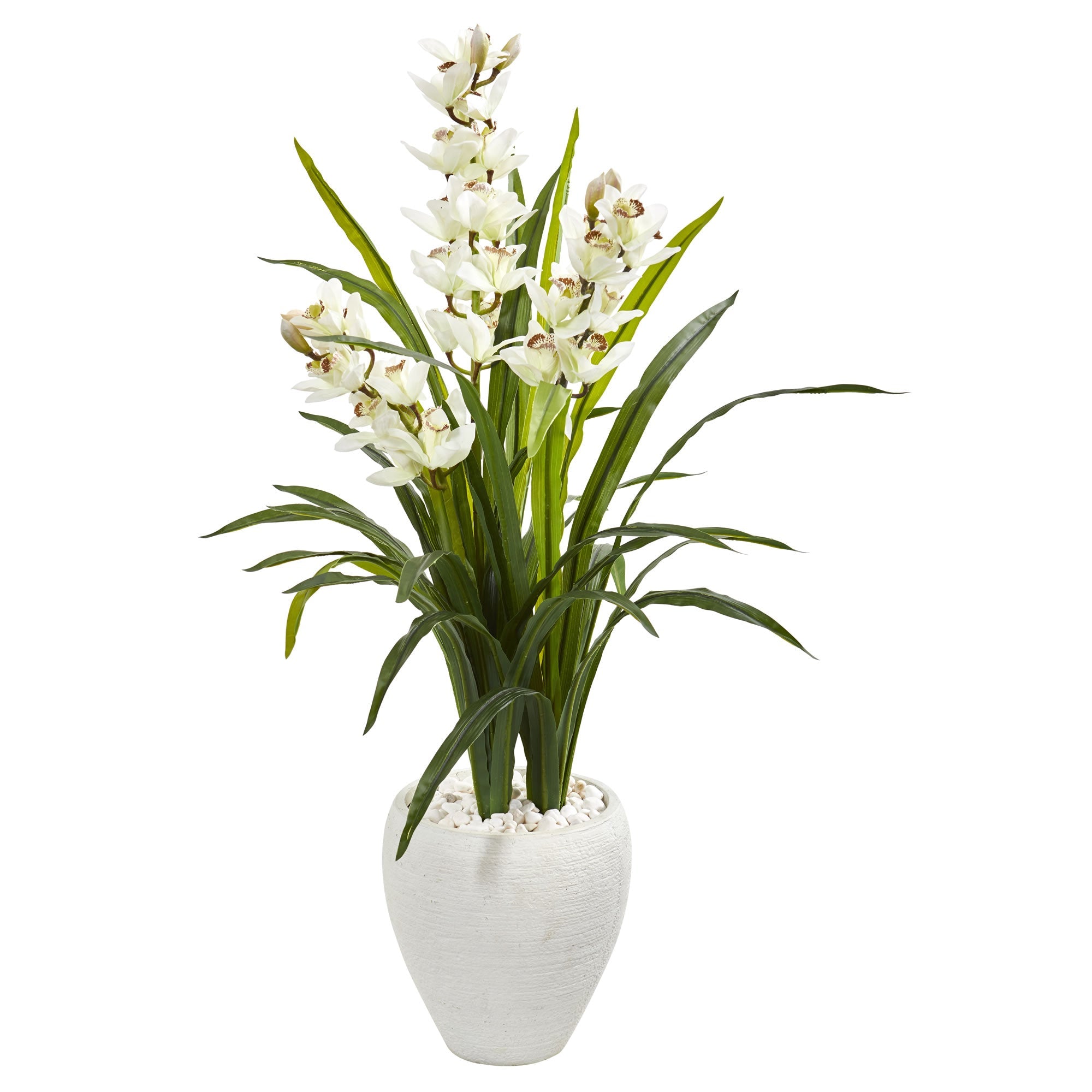 4' Cymbidium Orchid Artificial Plant in White Planter | Zigeze