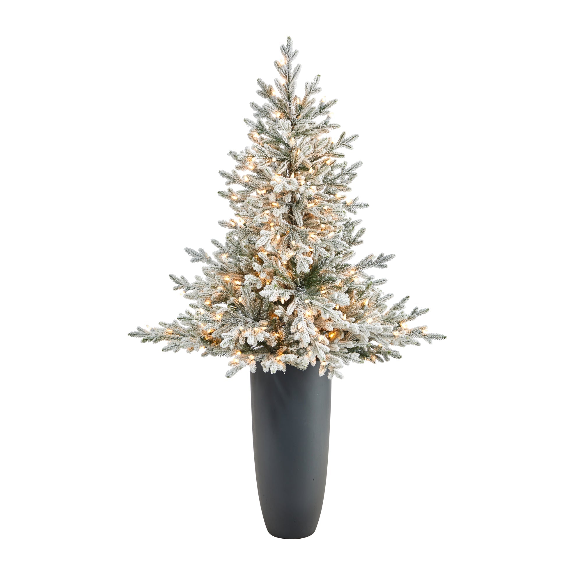 5' Flocked Fraser Fir with 300 Lights and 967 Branches in Gray Planter | Zigeze