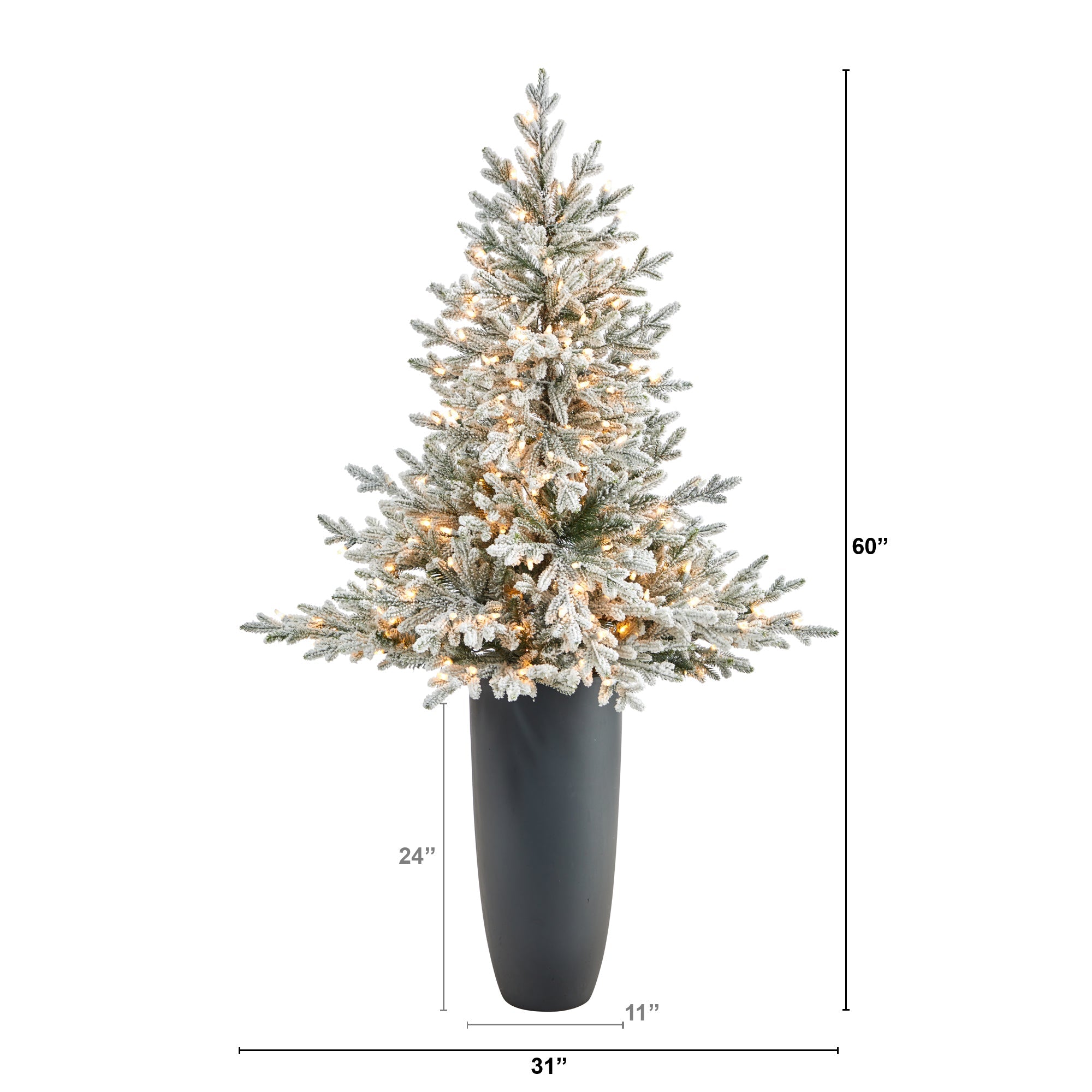 5' Flocked Fraser Fir with 300 Lights and 967 Branches in Gray Planter | Zigeze