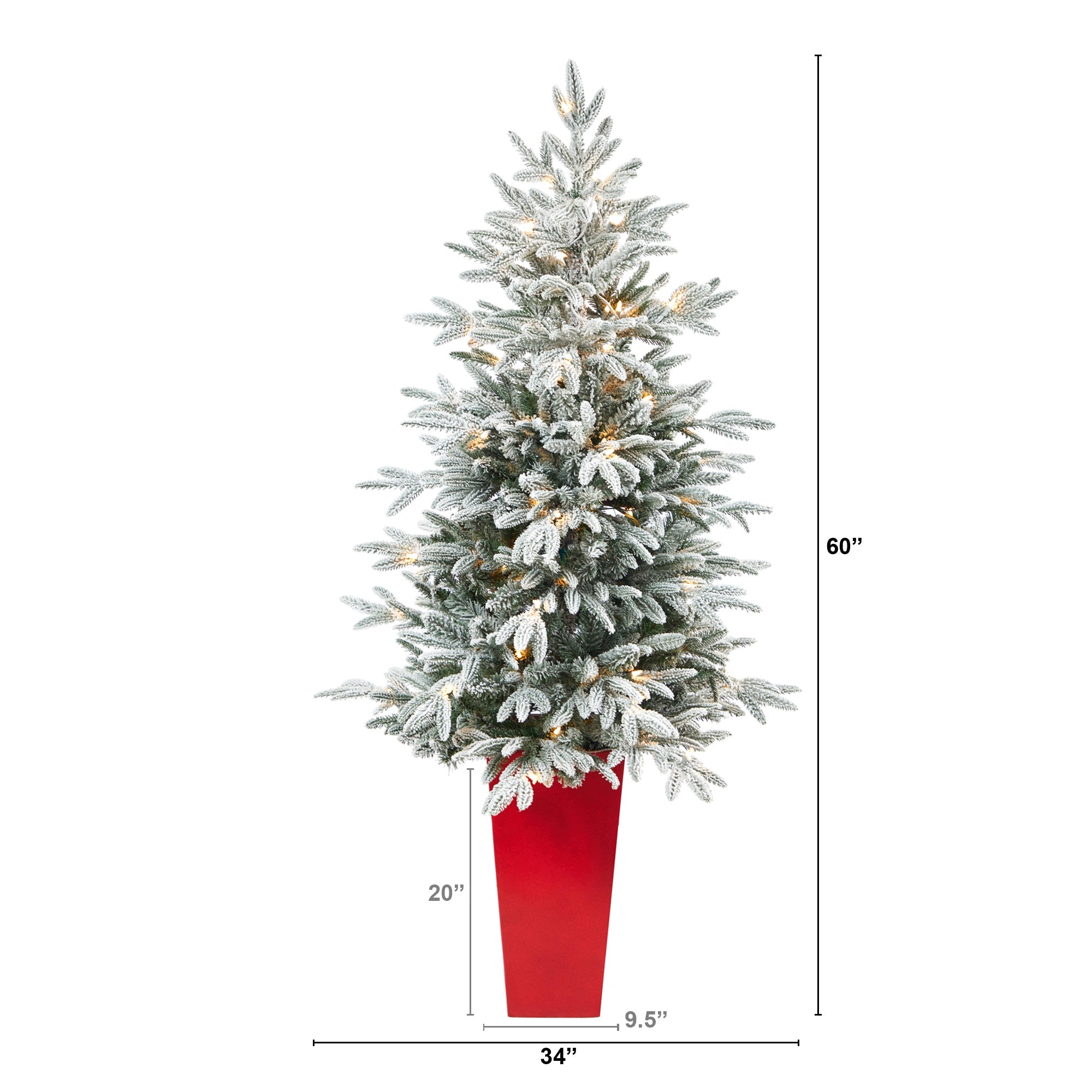 5' Flocked Manchester Spruce Tree with 100 Lights in Red Tower Planter | Zigeze