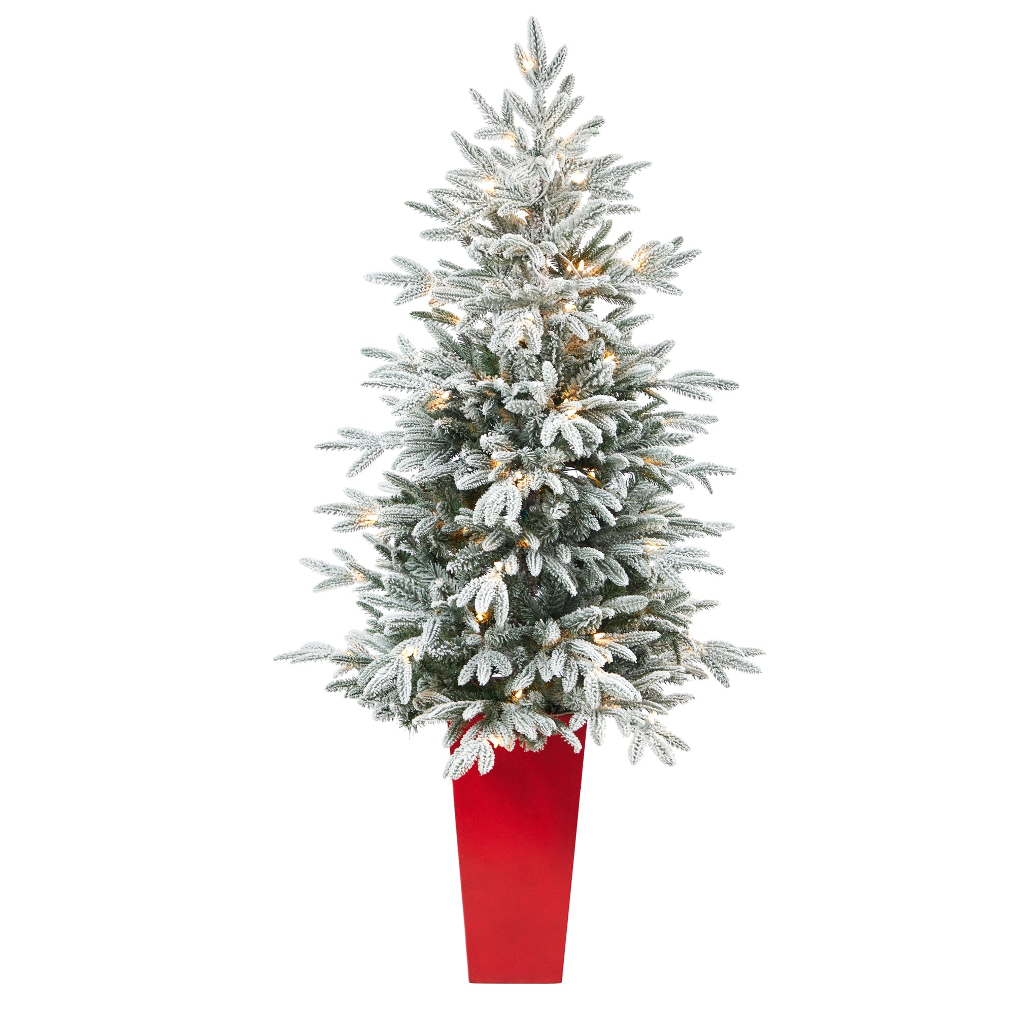 5' Flocked Manchester Spruce Tree with 100 Lights in Red Tower Planter | Zigeze