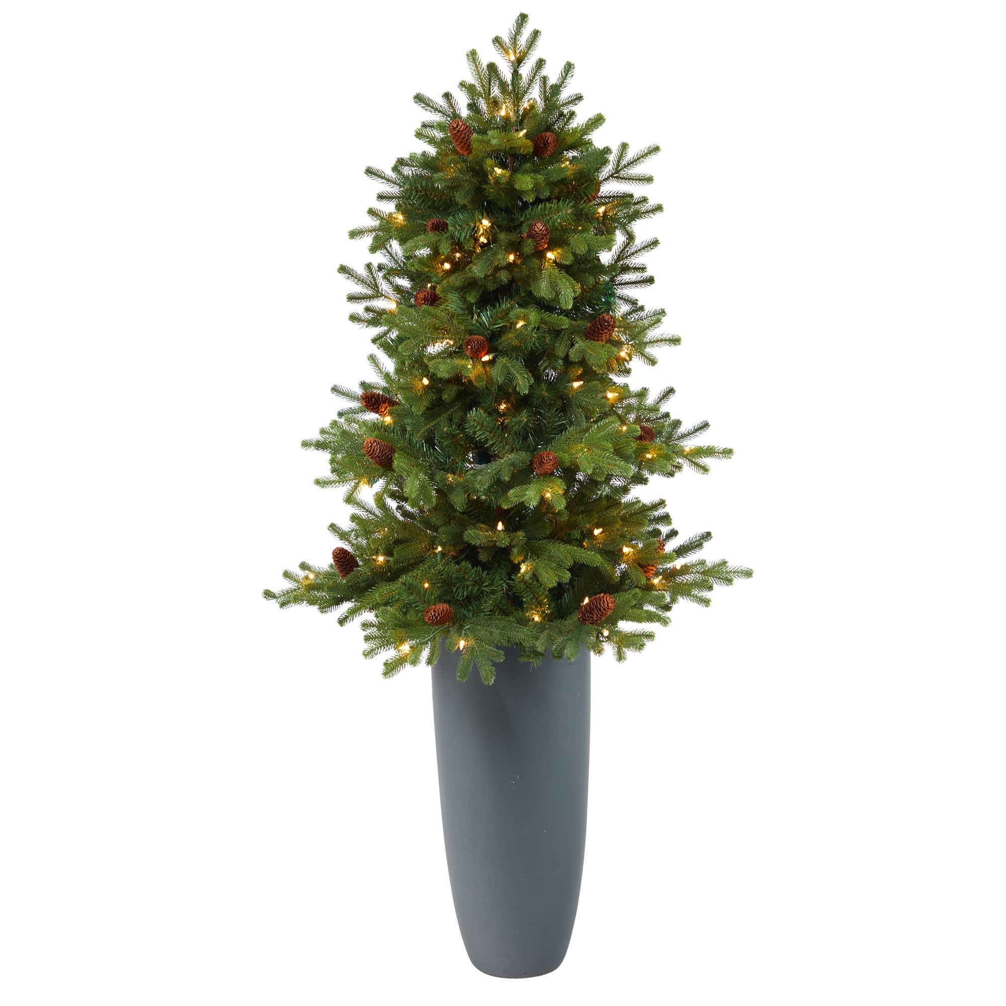 5' Yukon Mountain Fir, 100 Clear Lights in Gray Planter | Zigeze