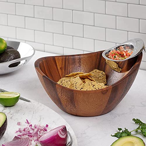 Harmony Chip and Dip Bowl - Measures at 12" x 6.5" - Made with Acacia Wood and Nambe Alloy