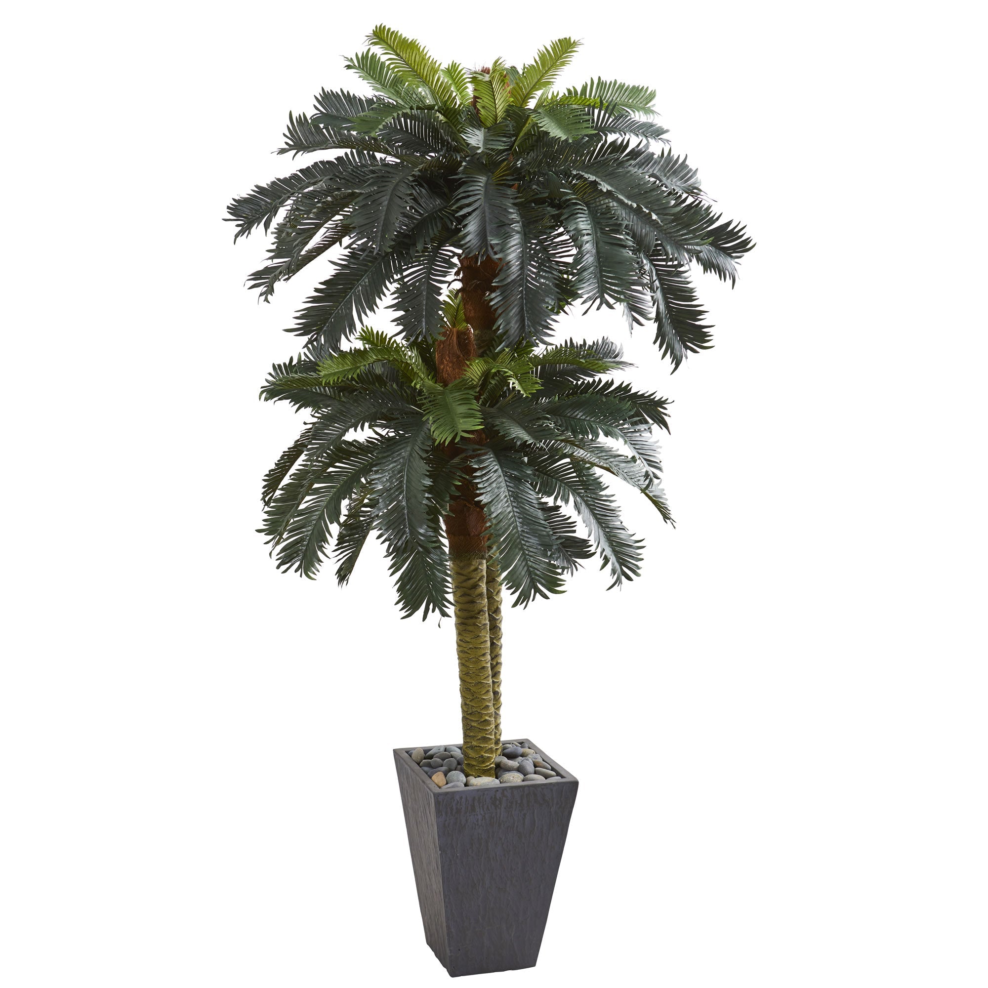 6' Double Sago Palm Artificial Tree Slate Finished Planter | Zigeze