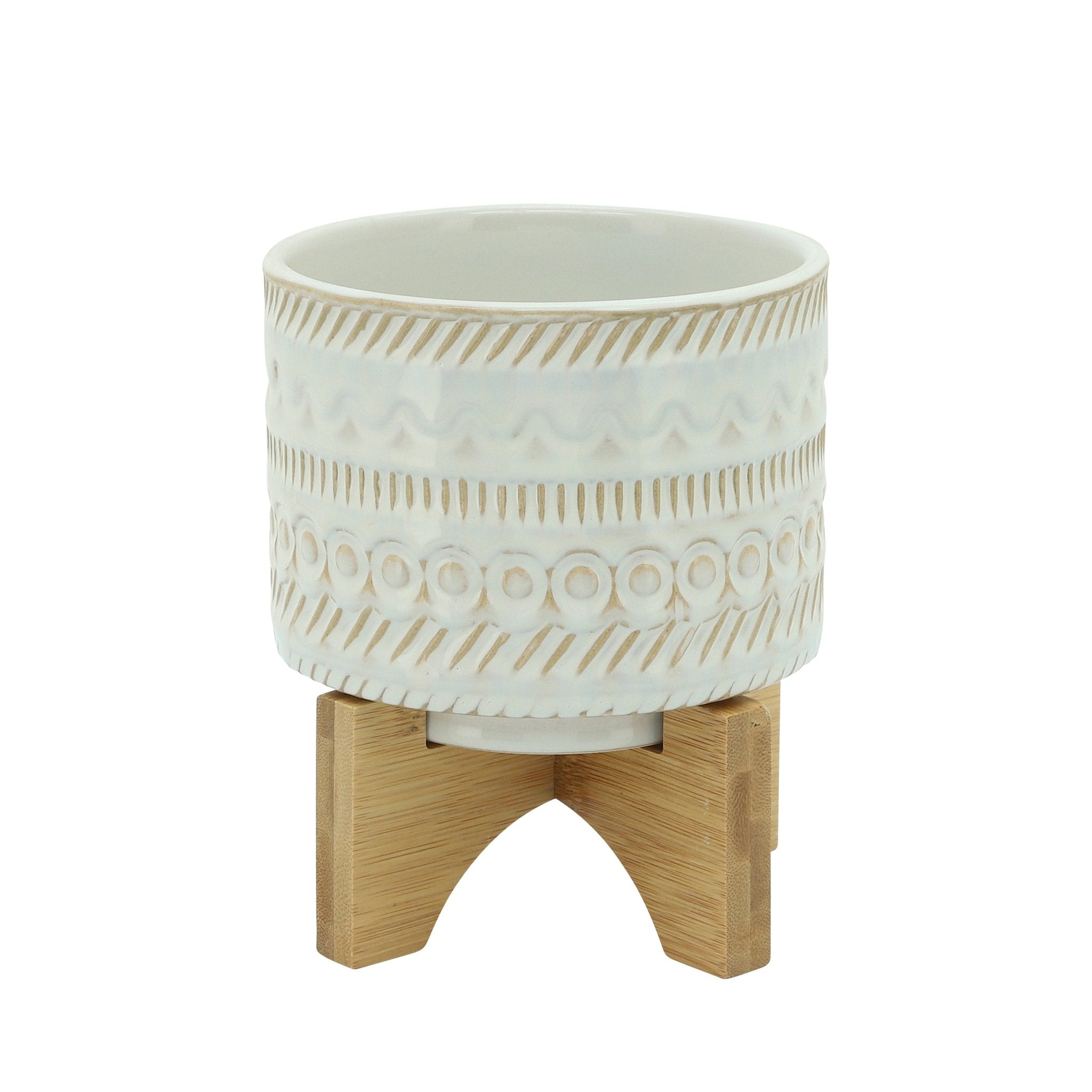 6" Tribal Planter with Wood Stand, Beige | Zigeze