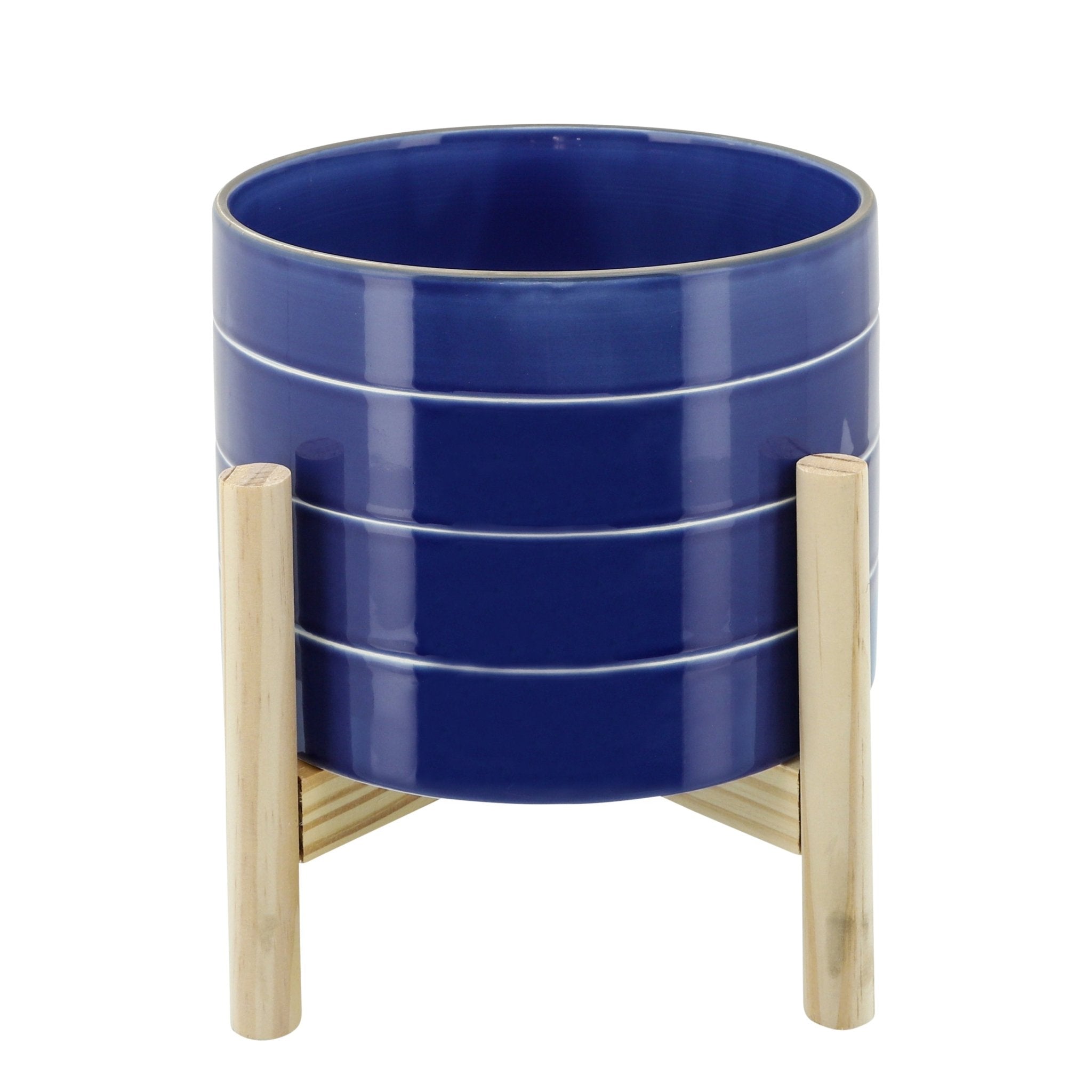 8" Striped Planter with Wood Stand, Navy | Zigeze