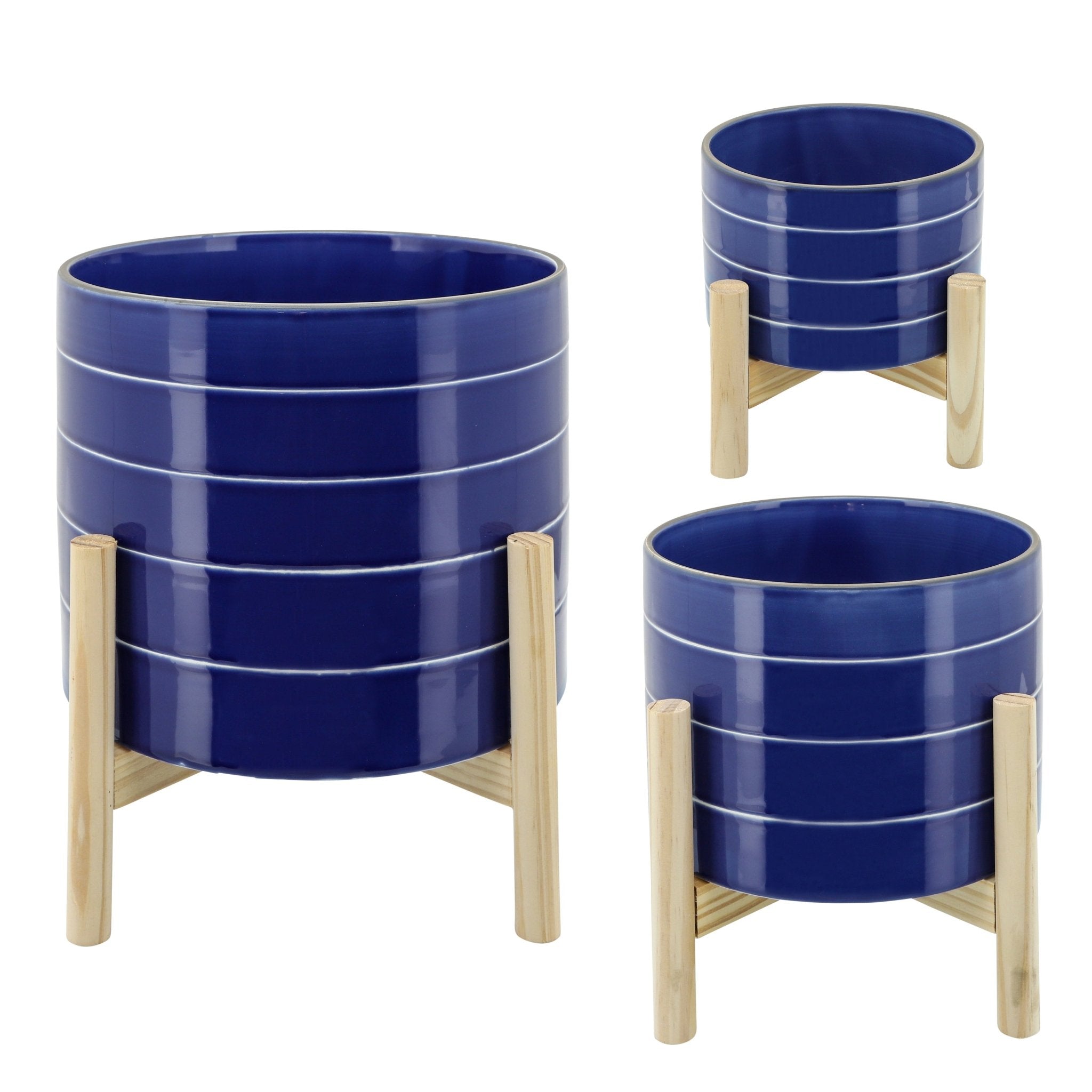 8" Striped Planter with Wood Stand, Navy | Zigeze