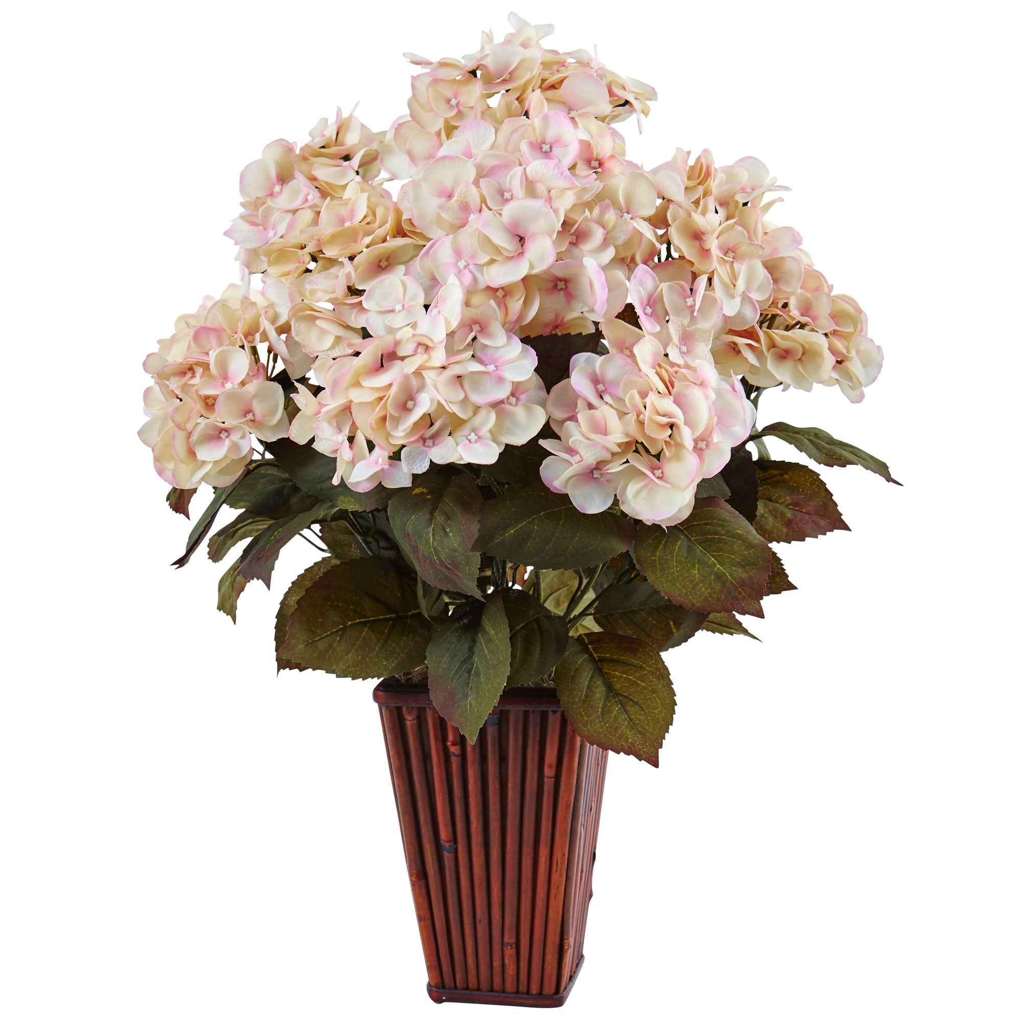 Cream and Pink Hydrangea in Bamboo Planter | Zigeze