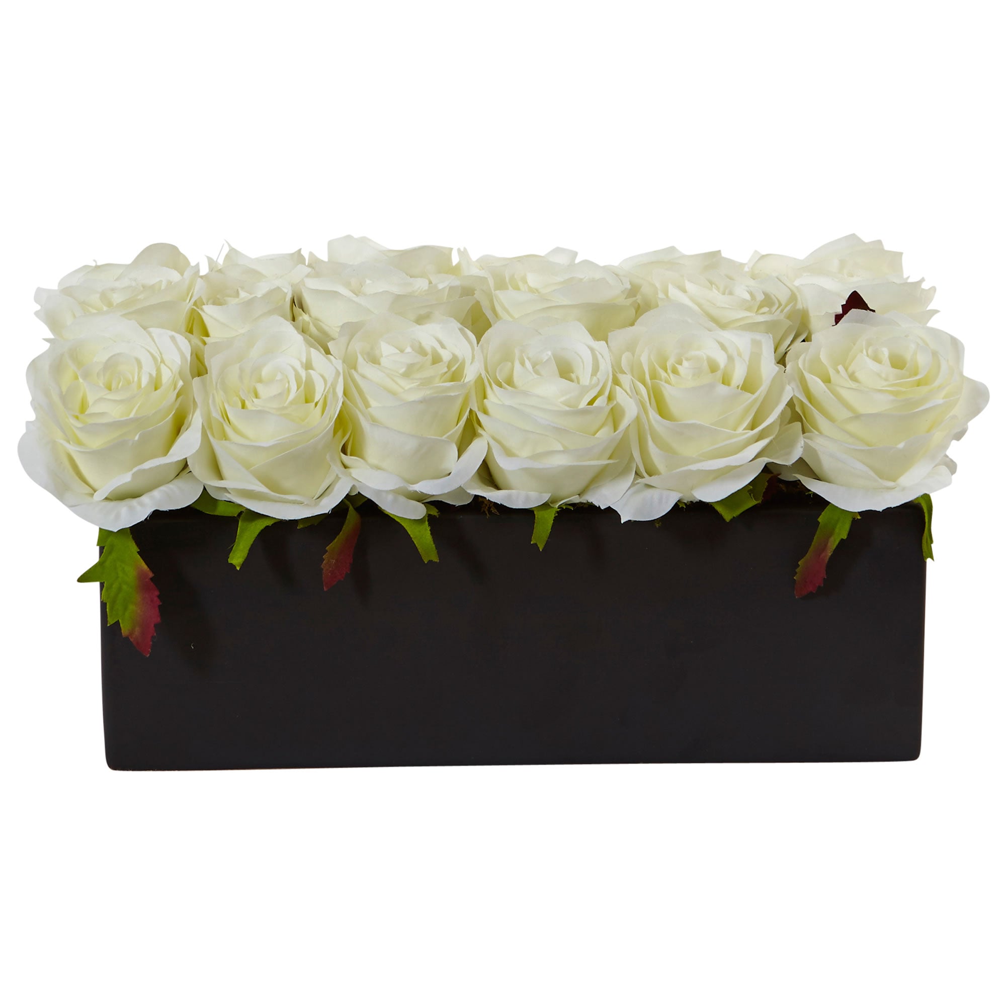 Faux White Roses in Black Rectangular Planter | Zigeze