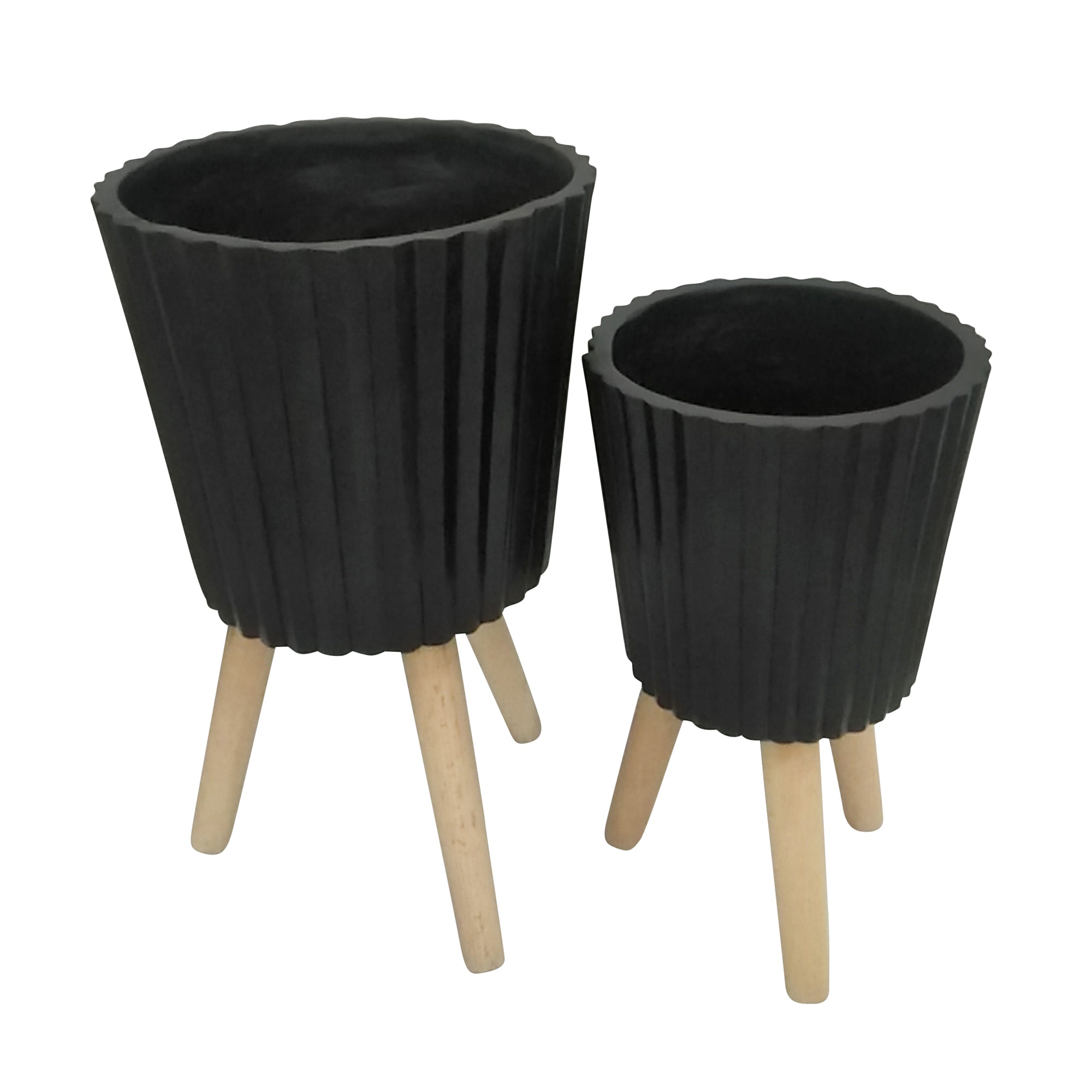 Set of 2 Ridged Planters with Wood Legs, Black | Zigeze