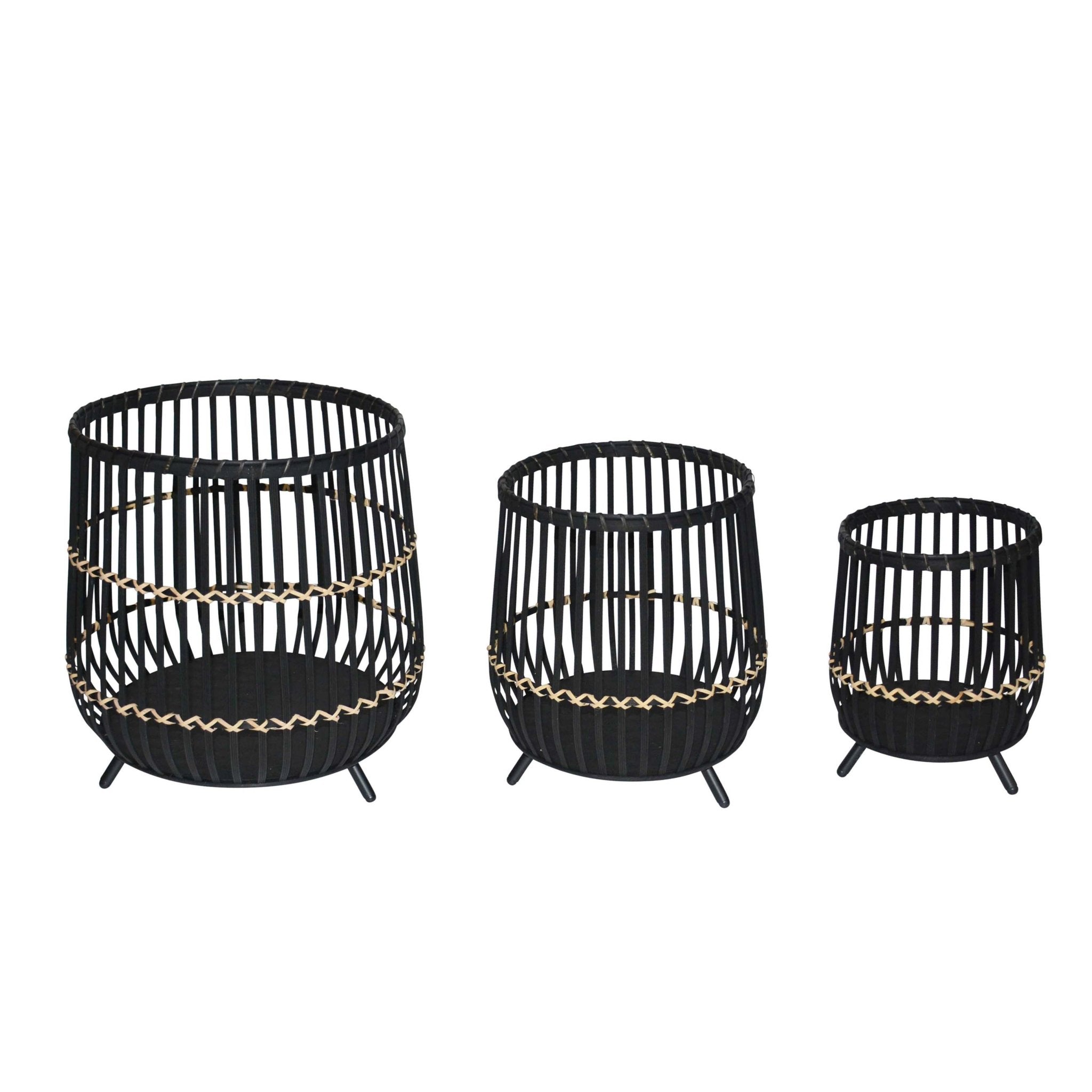 Set of 3 Bamboo Footed Basket Planters in Black | Zigeze