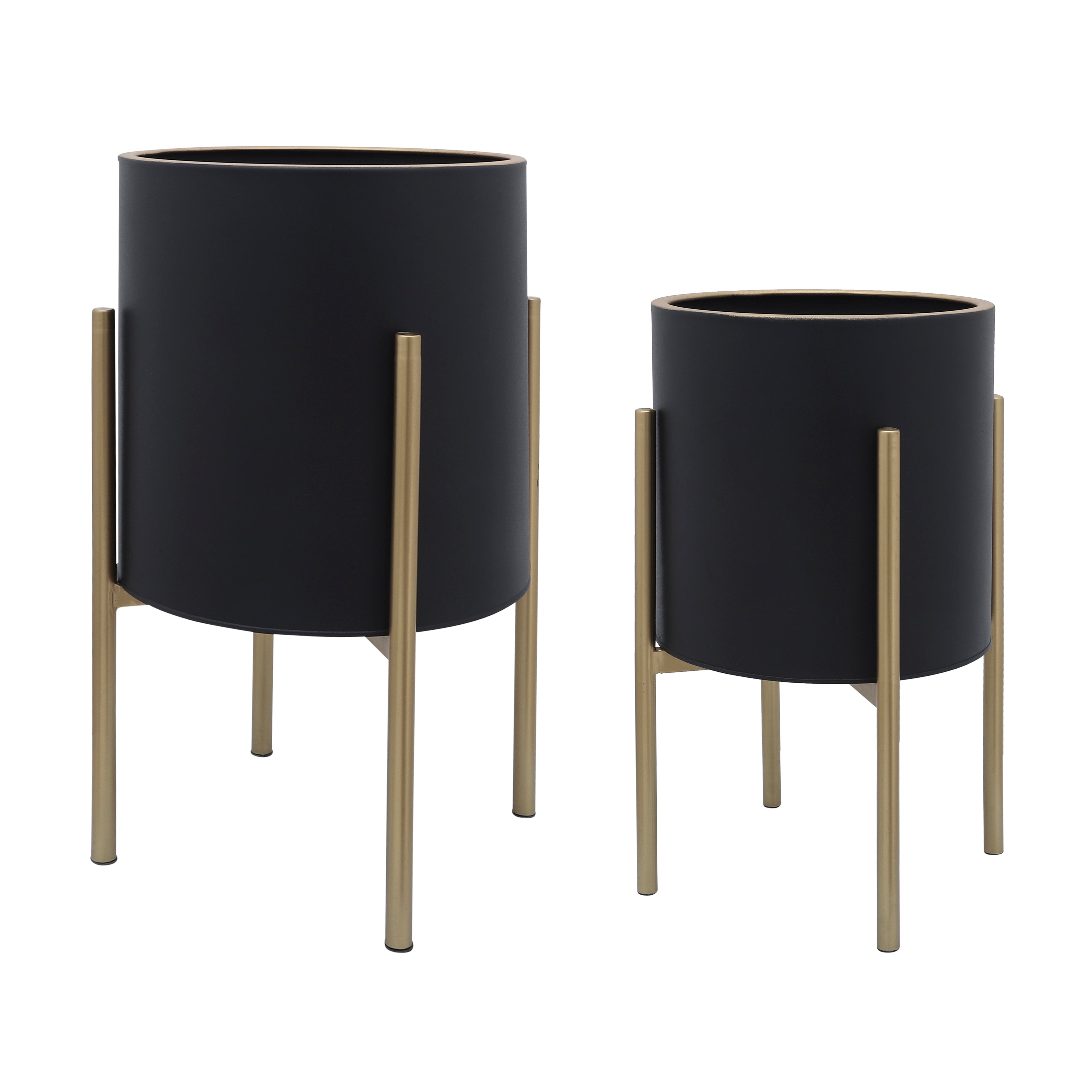 Set of 2 Planters On Metal Stand, Black/Gold, Planters