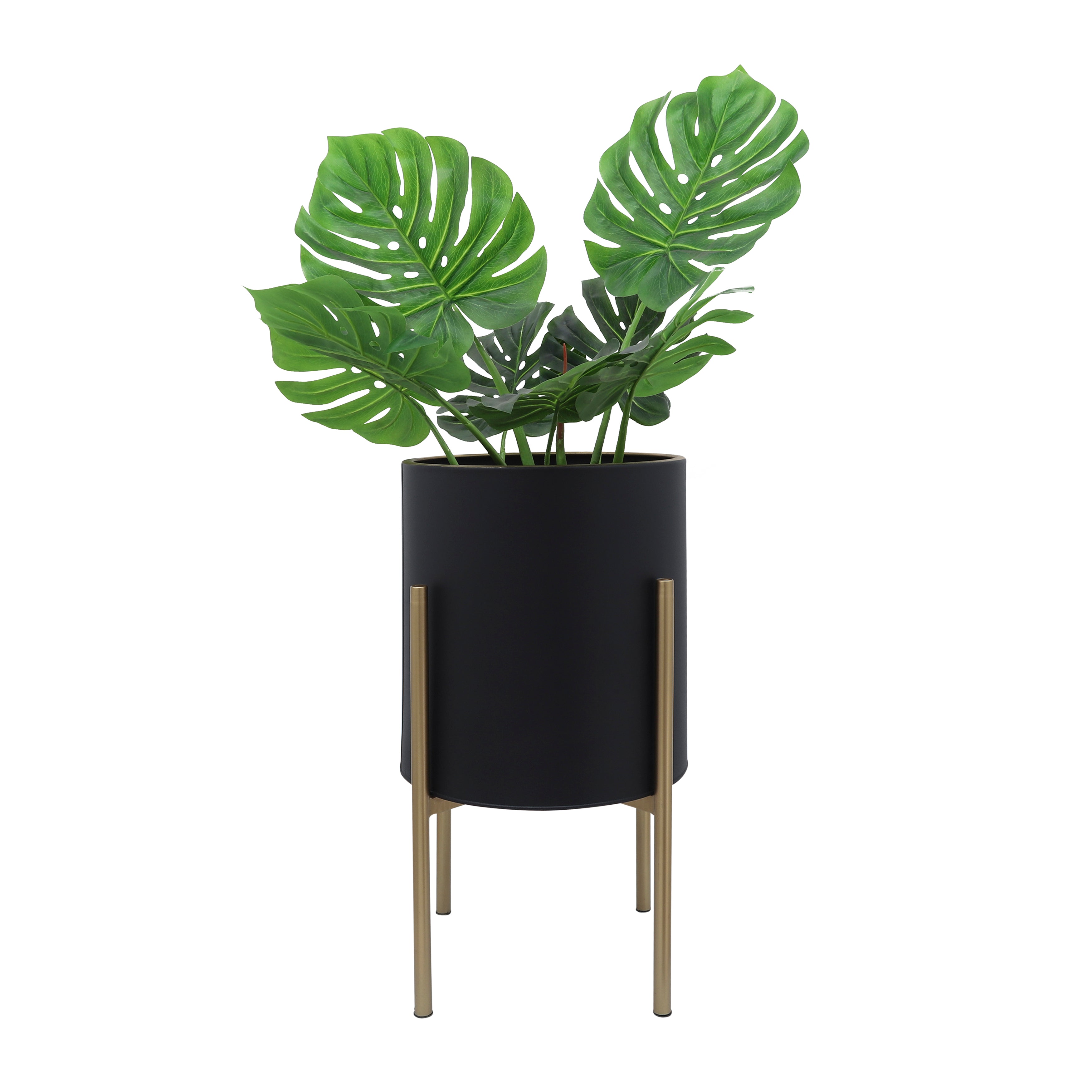 Set of 2 Planters On Metal Stand, Black/Gold, Planters