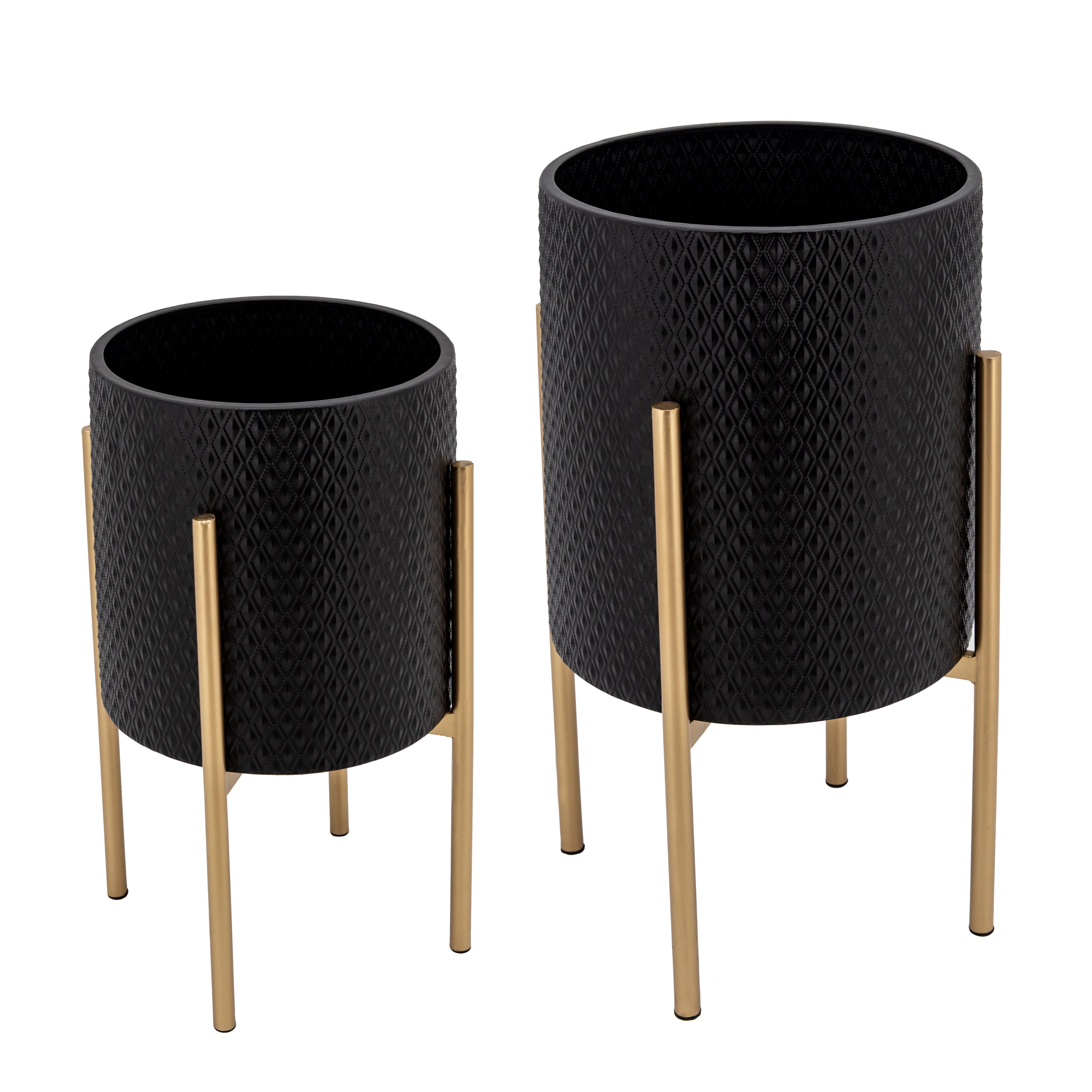 Set of 2 Textured Planter On Stand, Black/Gold, Planters