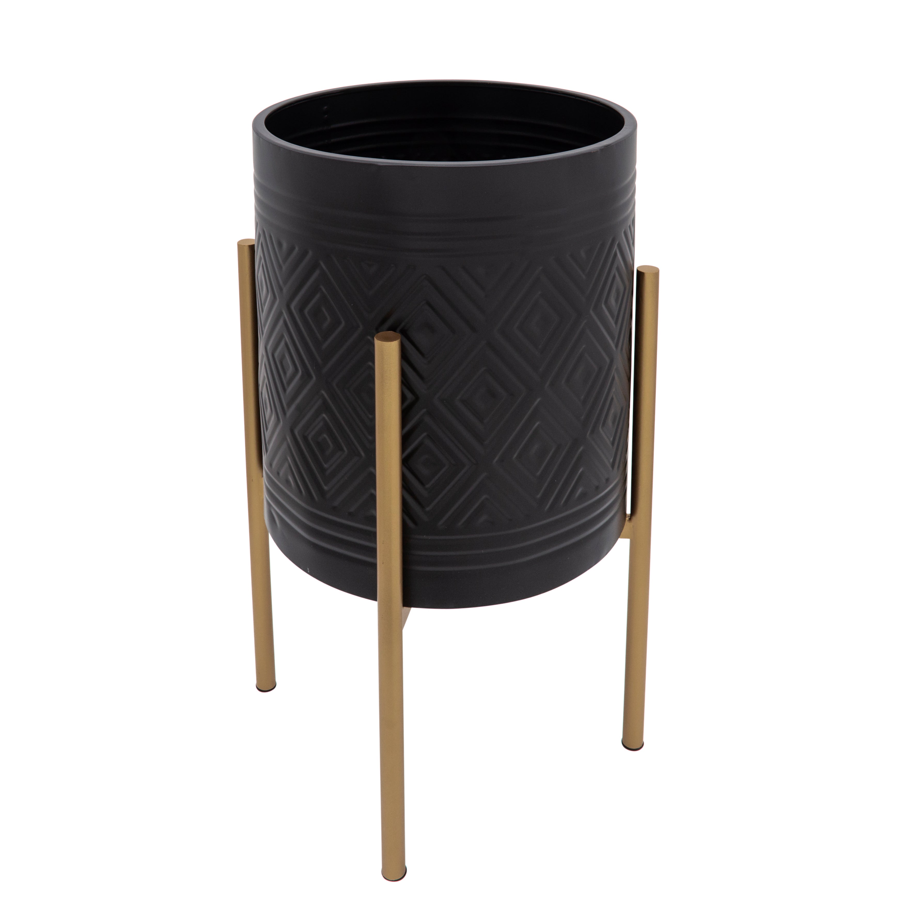 Set of 2 Aztec Planters On Stand, Black/Gold, Planters