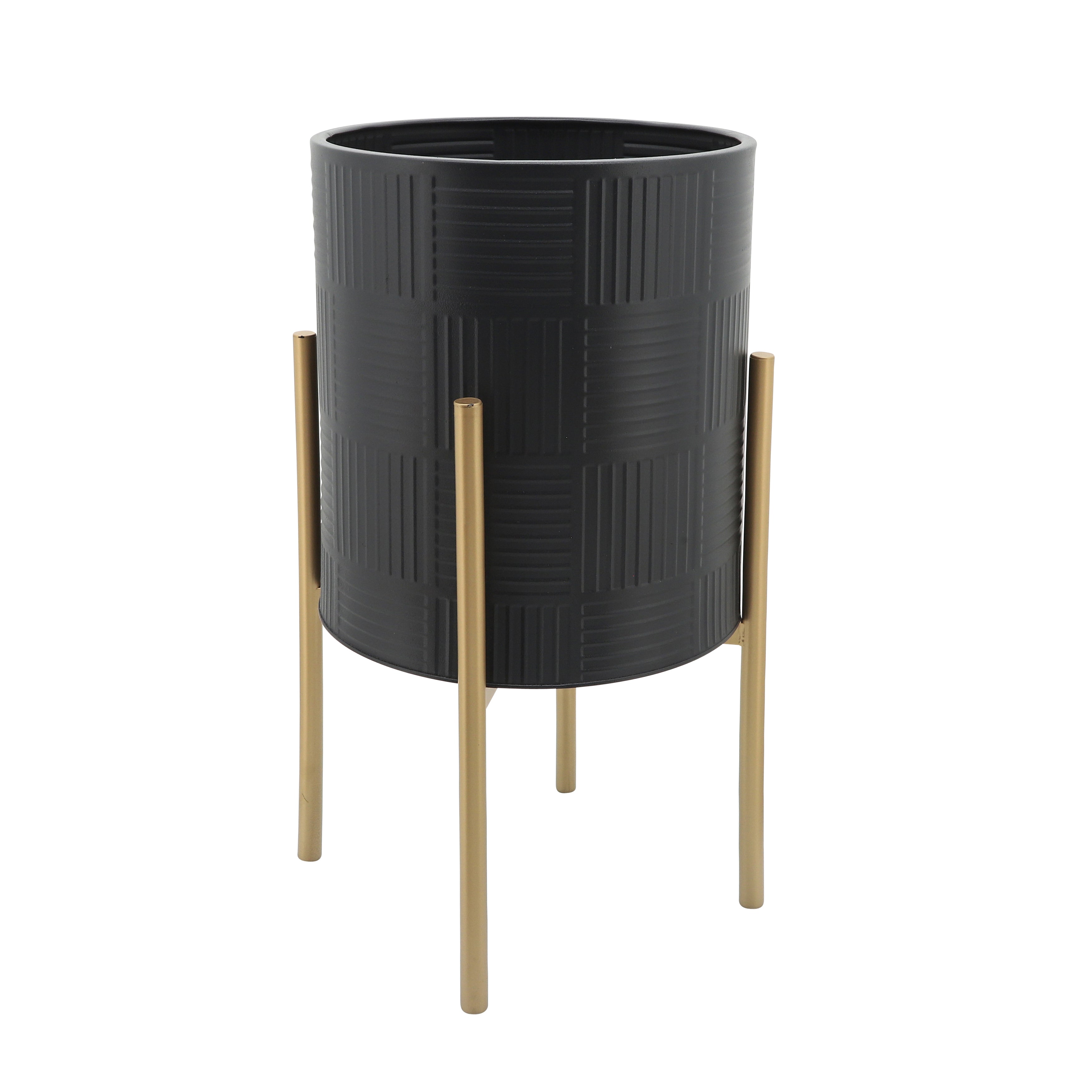 Set of 2 Planters with Lines On Stand, Black/Gold, Planters