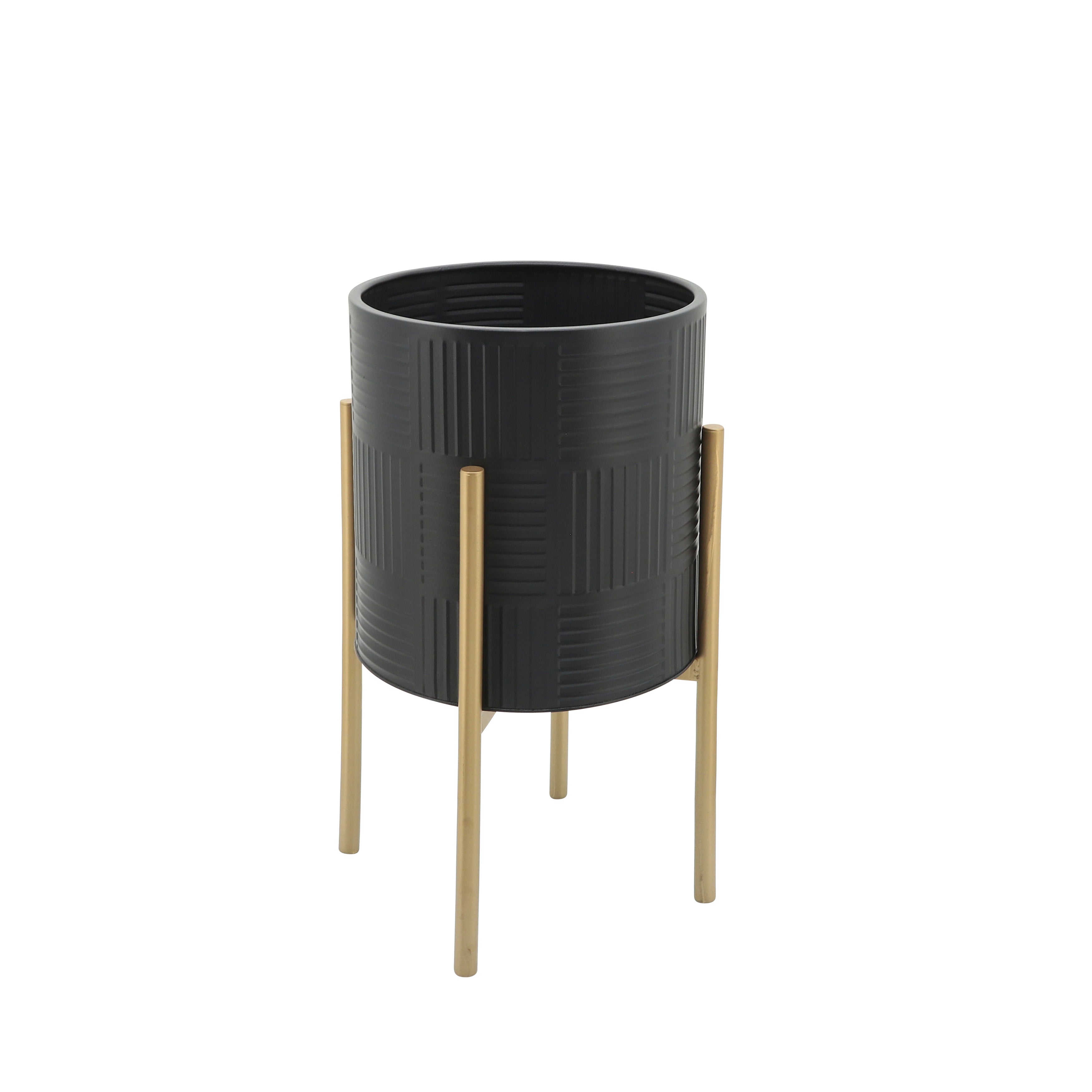 Set of 2 Planters with Lines On Stand, Black/Gold, Planters