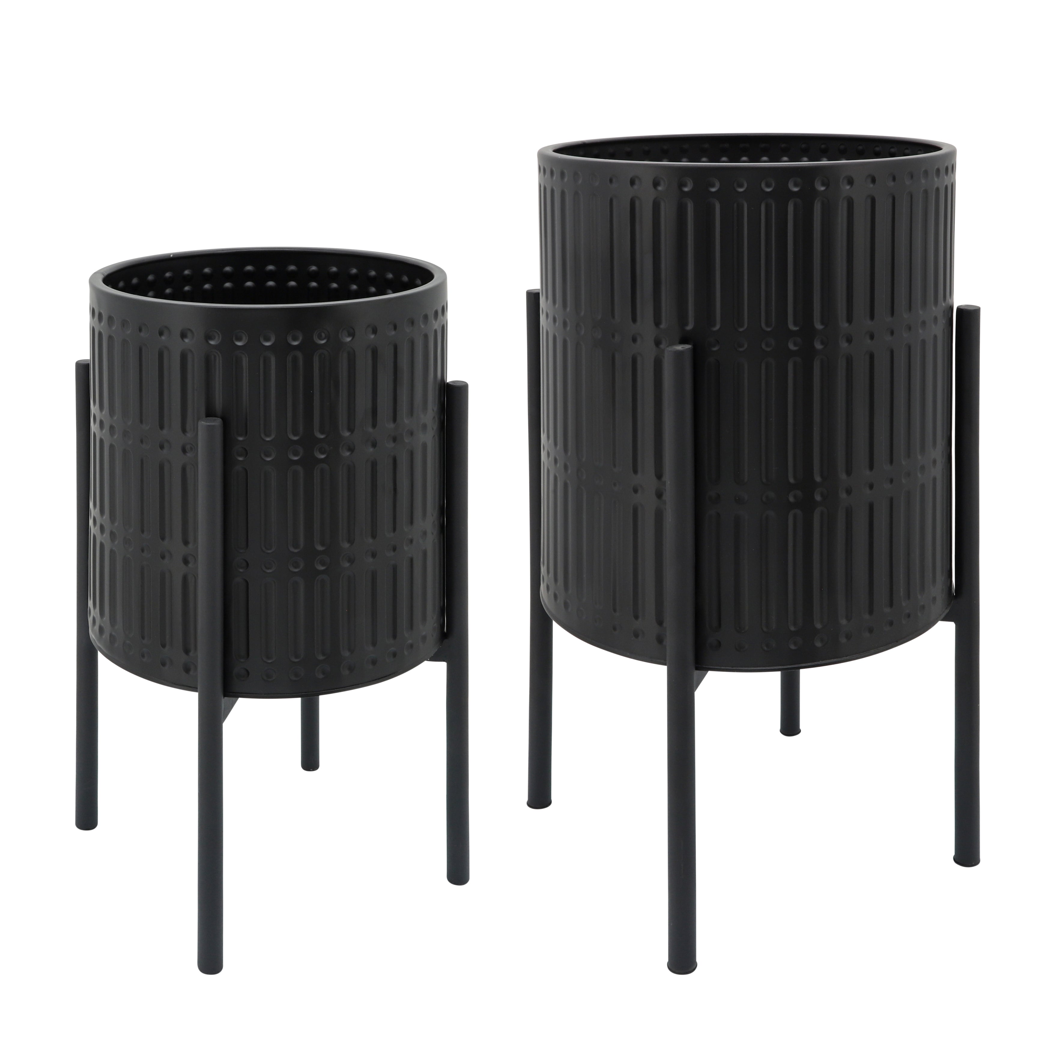 Set of 2 Ridged Planters on Stand, Black, Planters