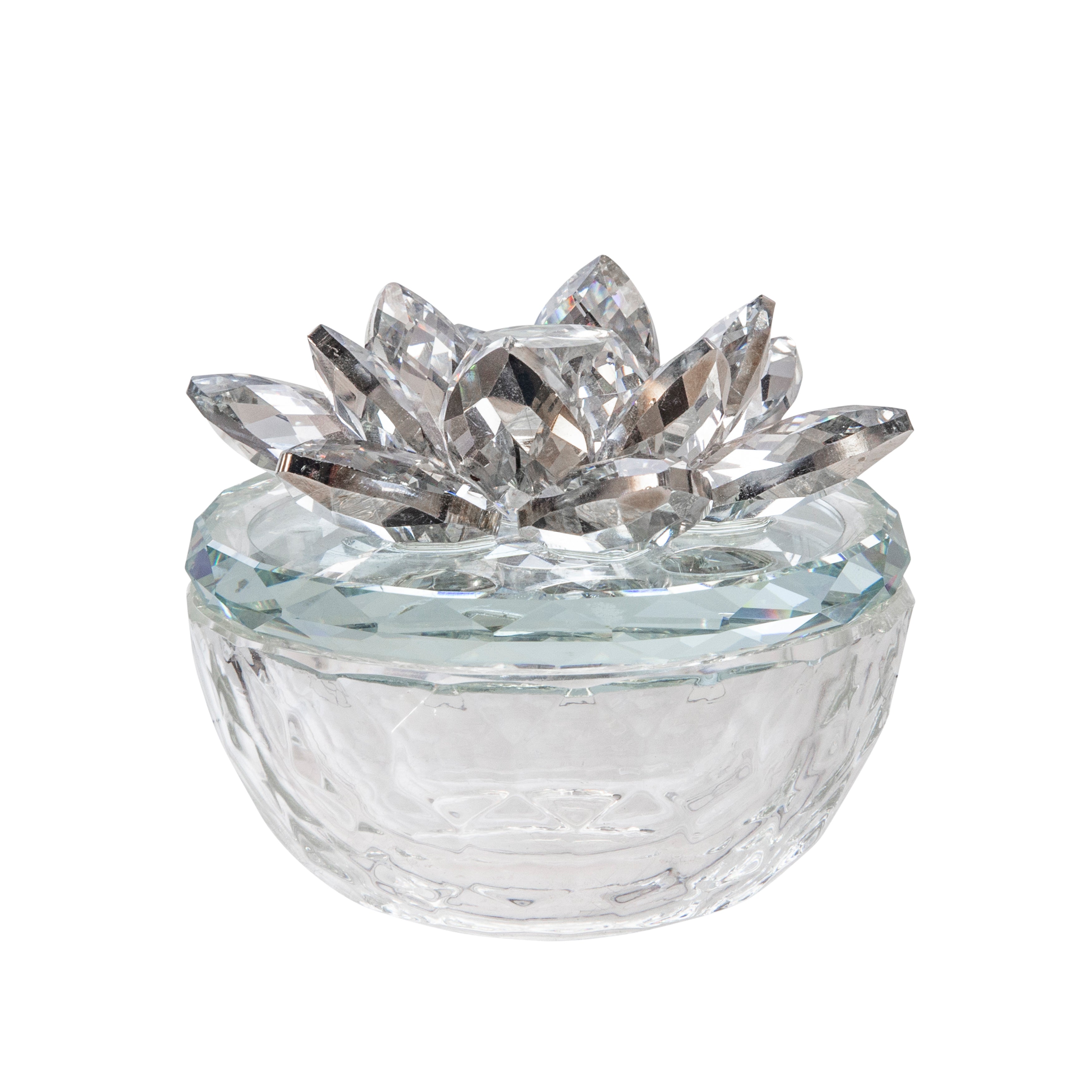 Glass Trinket Box Clear with Silver Lotus Top, Boxes