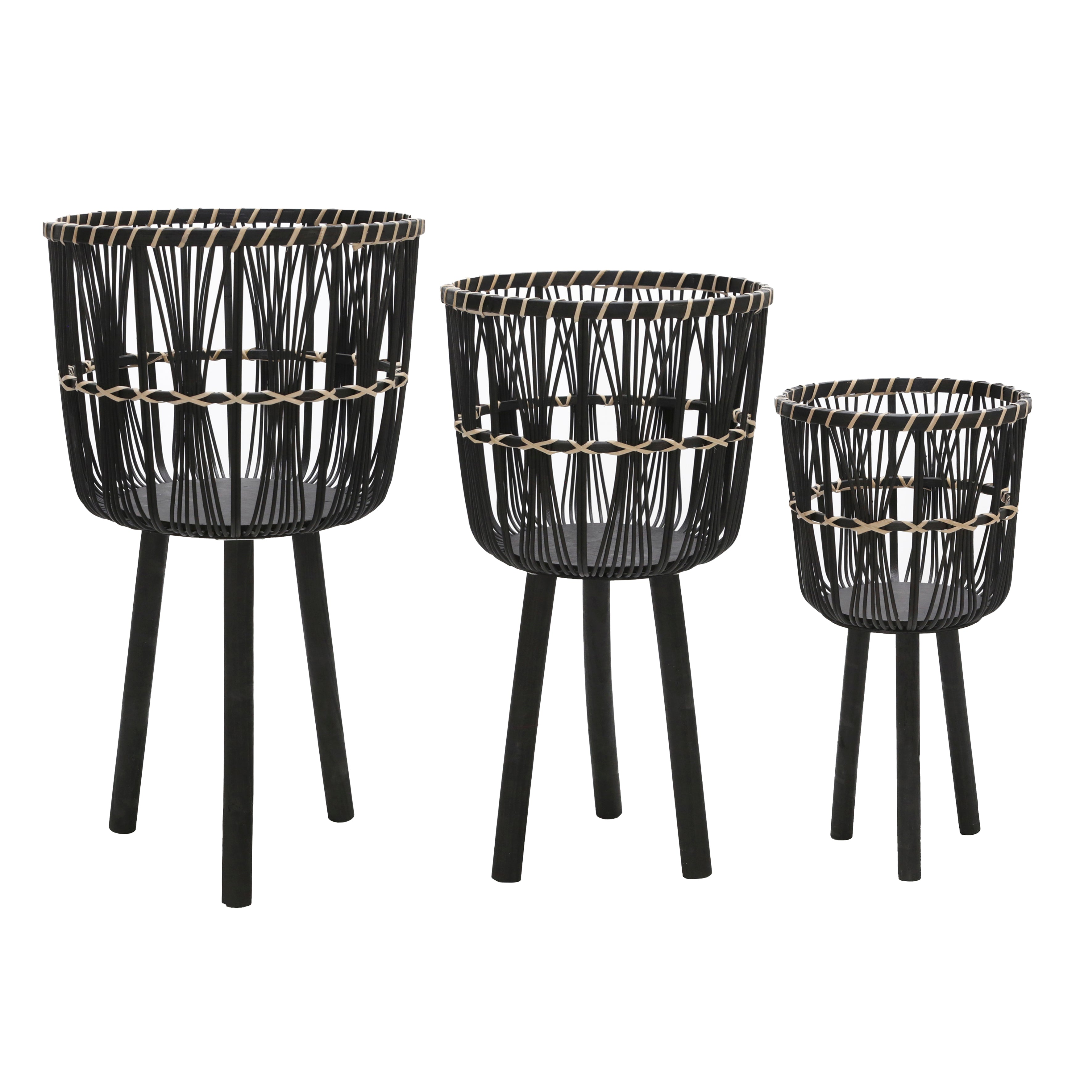 Set of 3 Bamboo Planters, Black, Planters