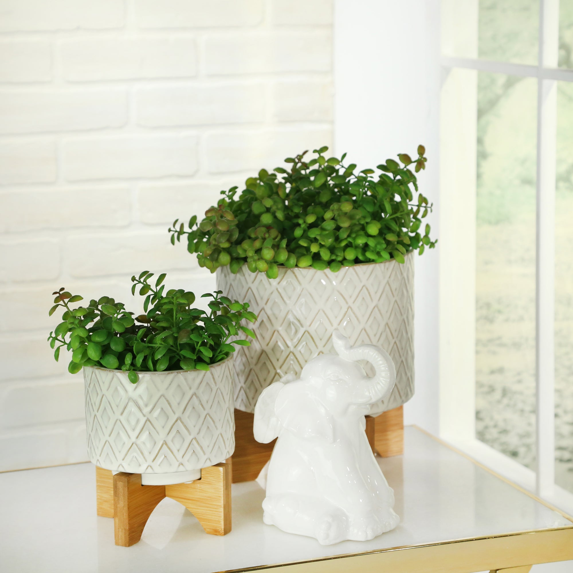 Ceramic 6" Flower Pot with Wooden Stand, Planters