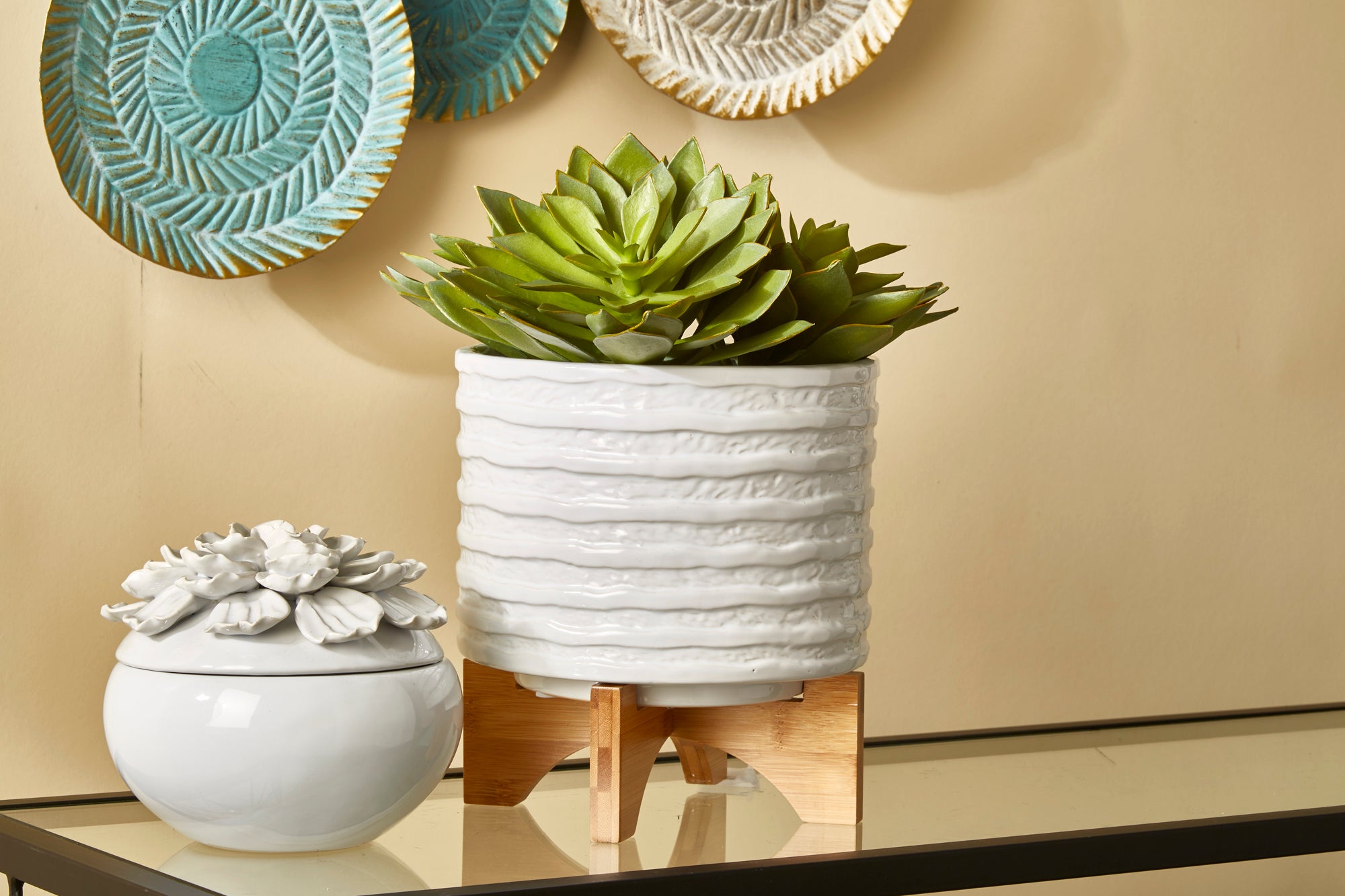 Ceramic 8" Planter On Stand, White Stripe, Planters