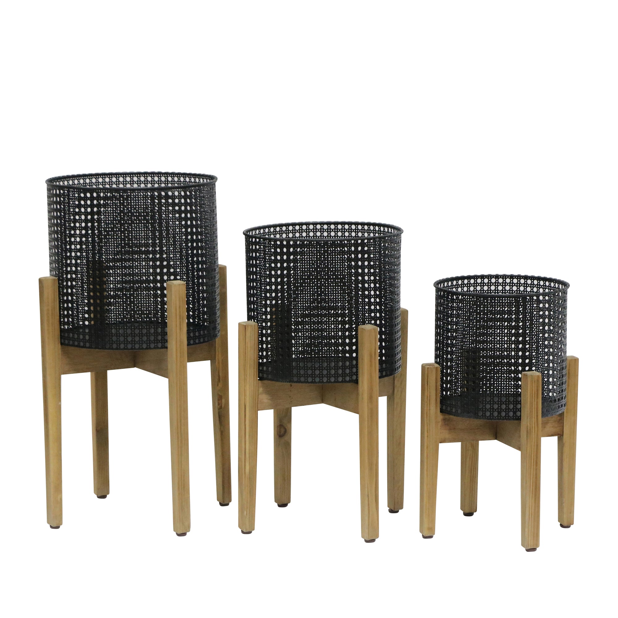 Set of 3 Metal Mesh Planters On Stand, Black, Planters