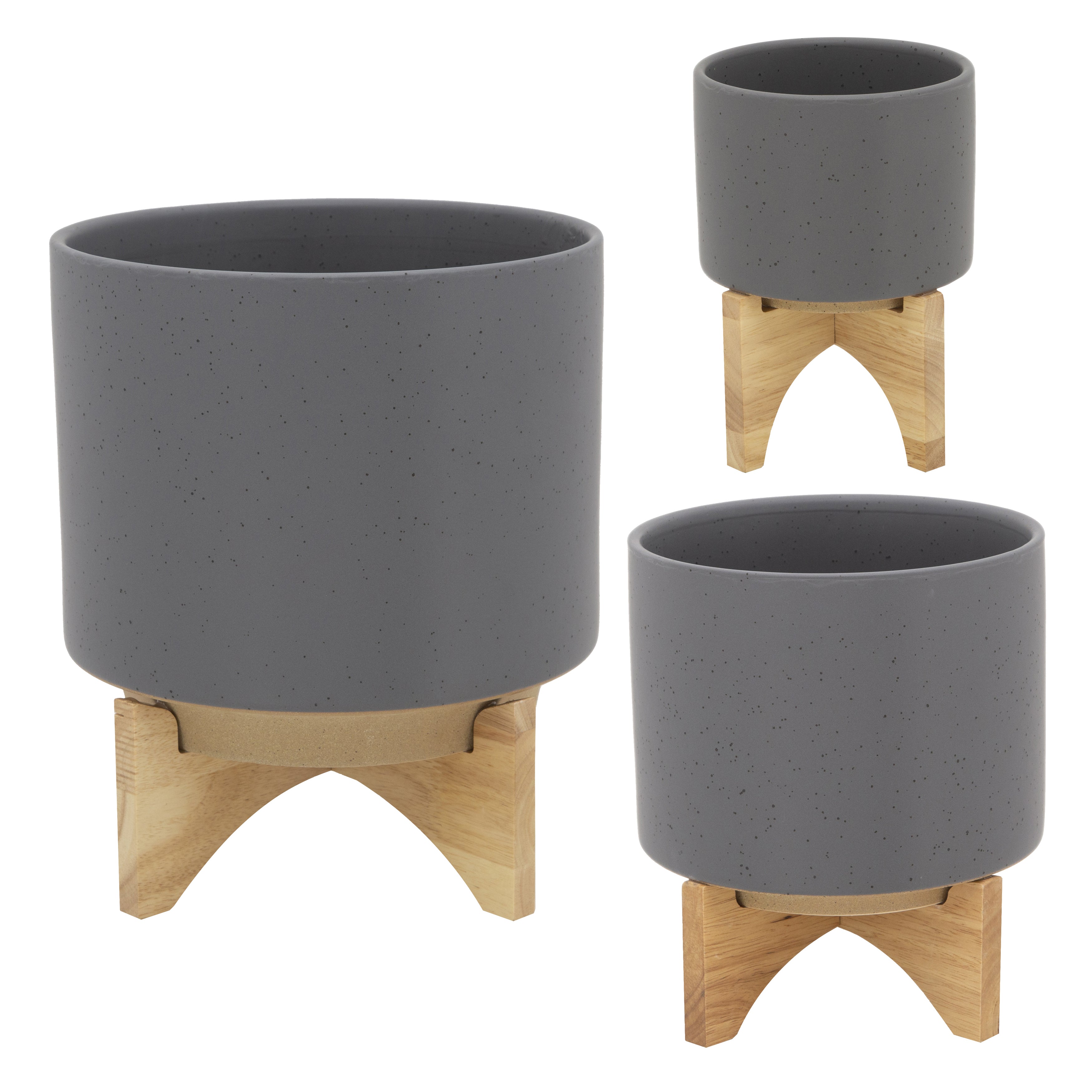 5" Planter with Wood Stand, Matte Gray, Planters