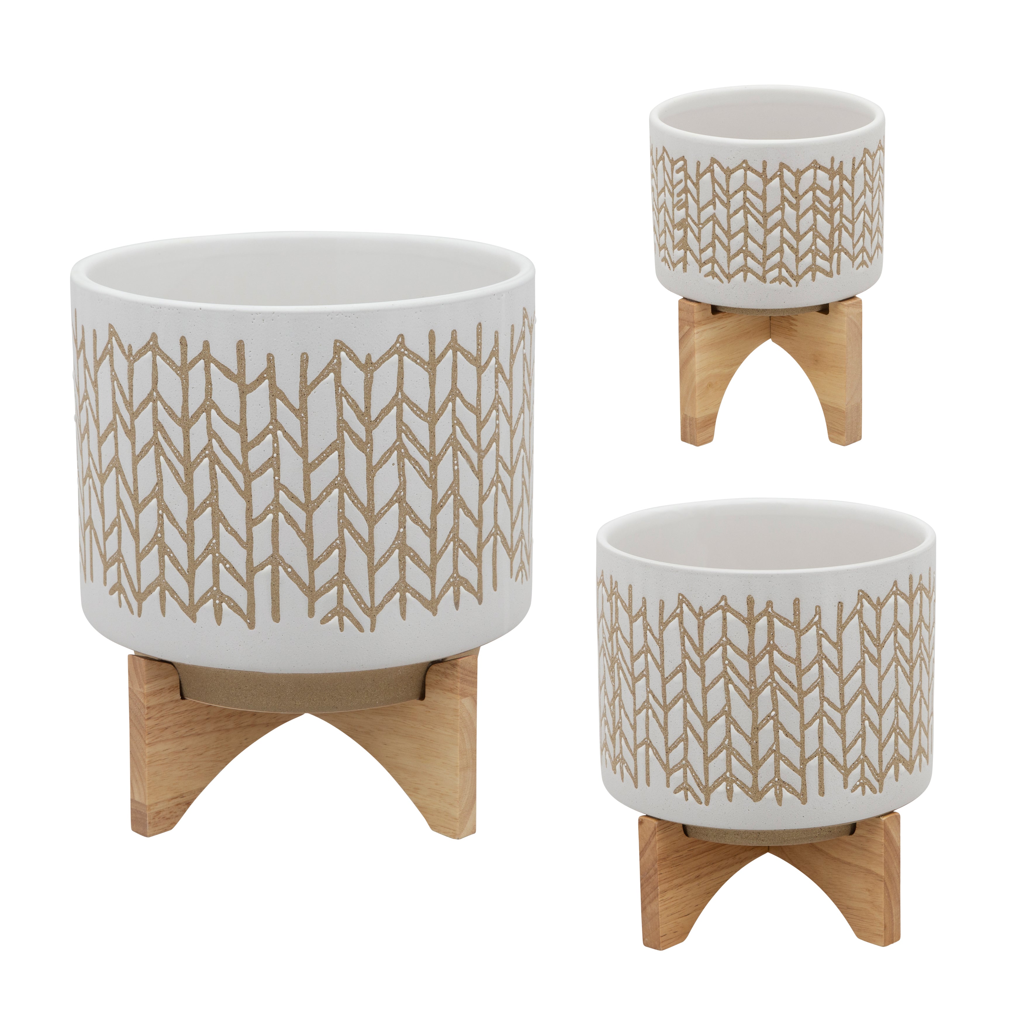 8" Chevron Planter with Wood Stand, Beige, Planters