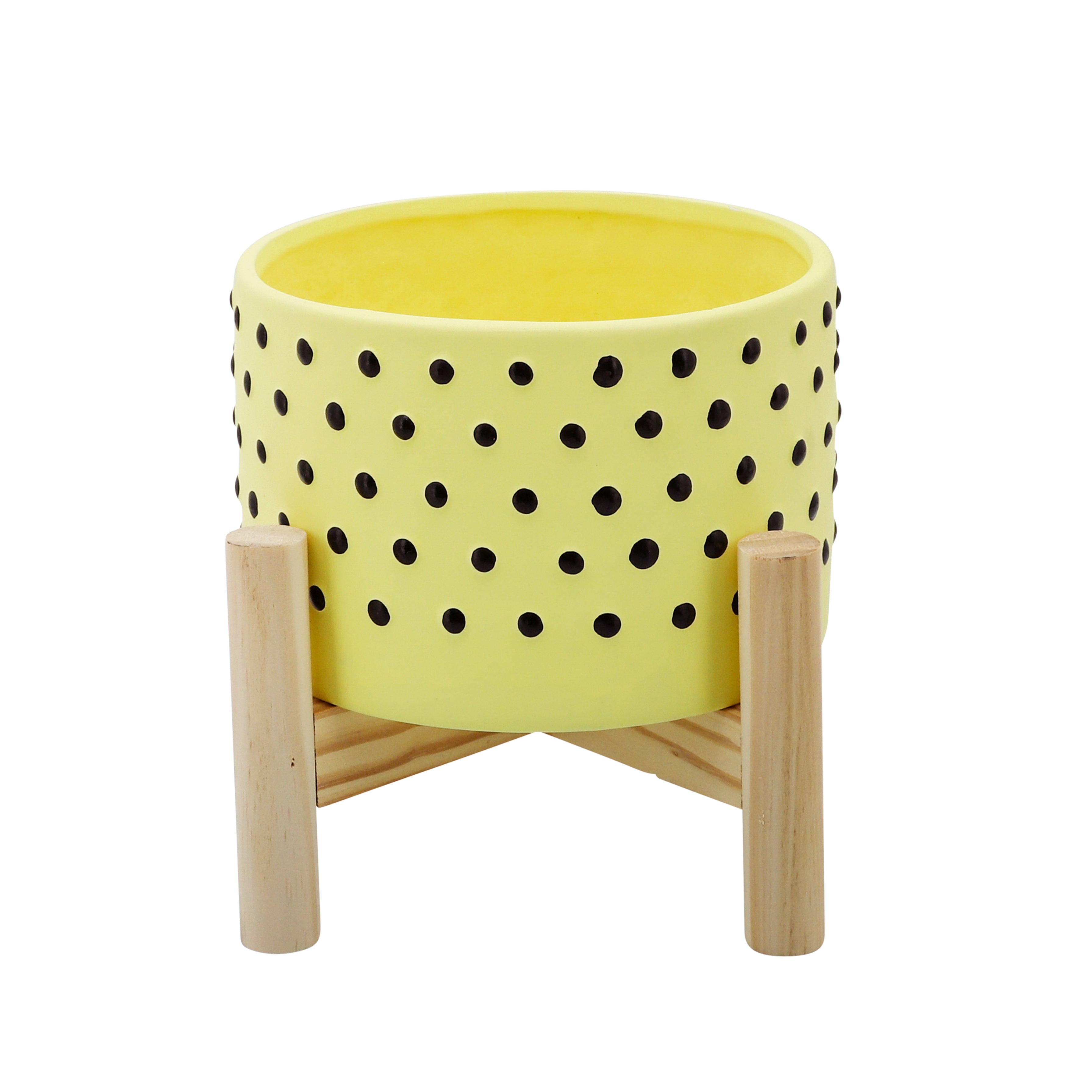 6" Dotted Planter with Wood Stand, Yellow, Planters