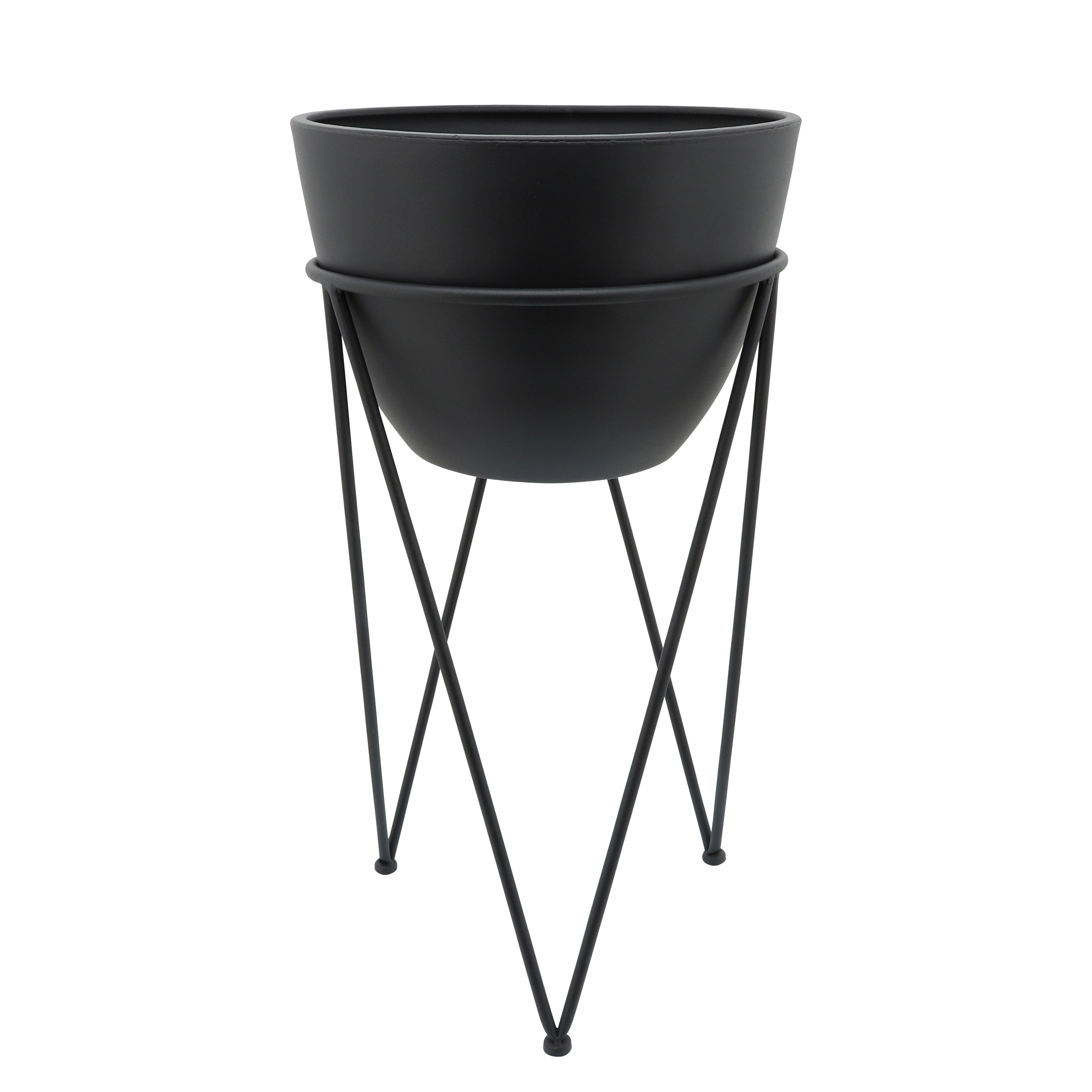 Metal 14" Planter In Stand, Black, Planters