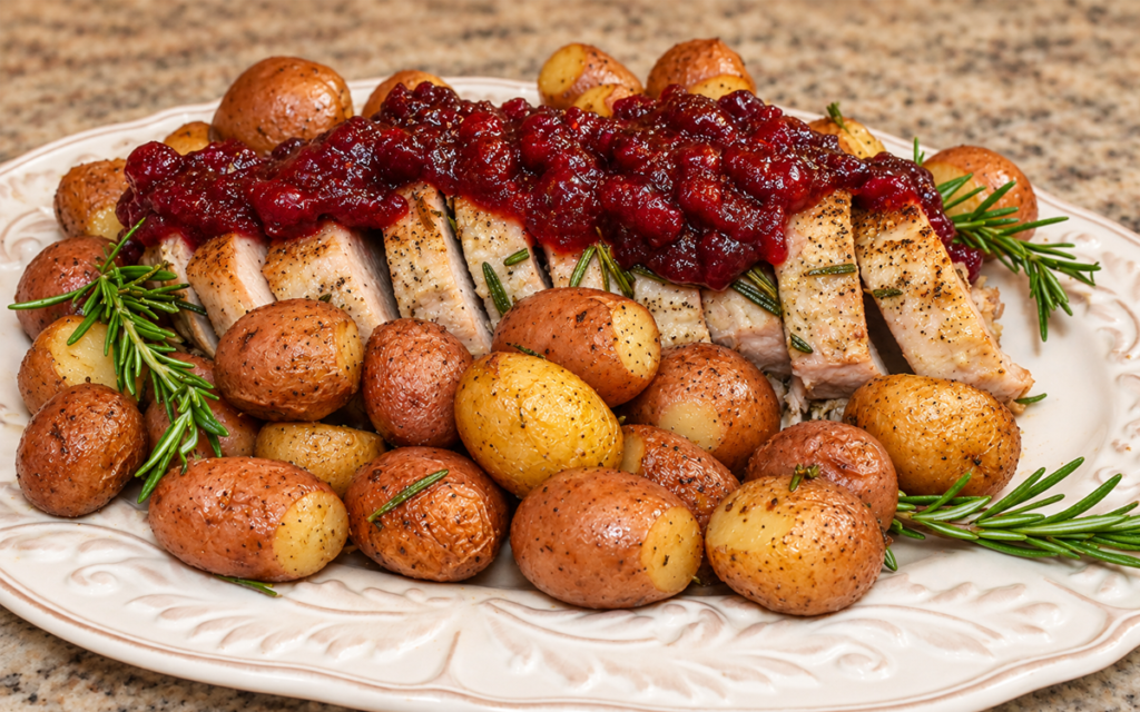 Roasted Pork Loin with Cranberry Sauce and Potatoes