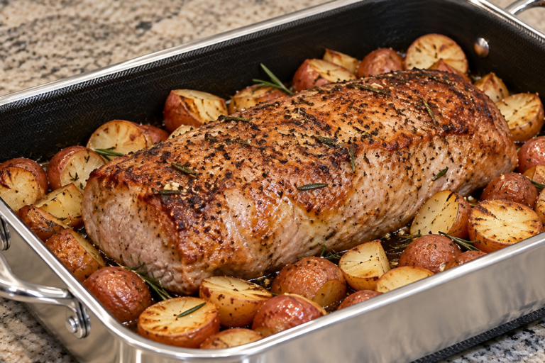 Roasted Pork Loin with Cranberry Sauce and Potatoes