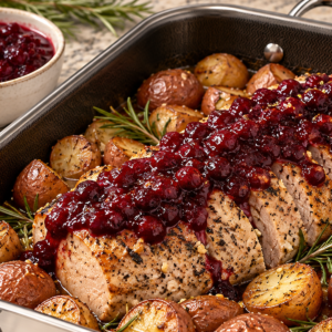 Roasted Pork Loin with Cranberry Sauce and Potatoes